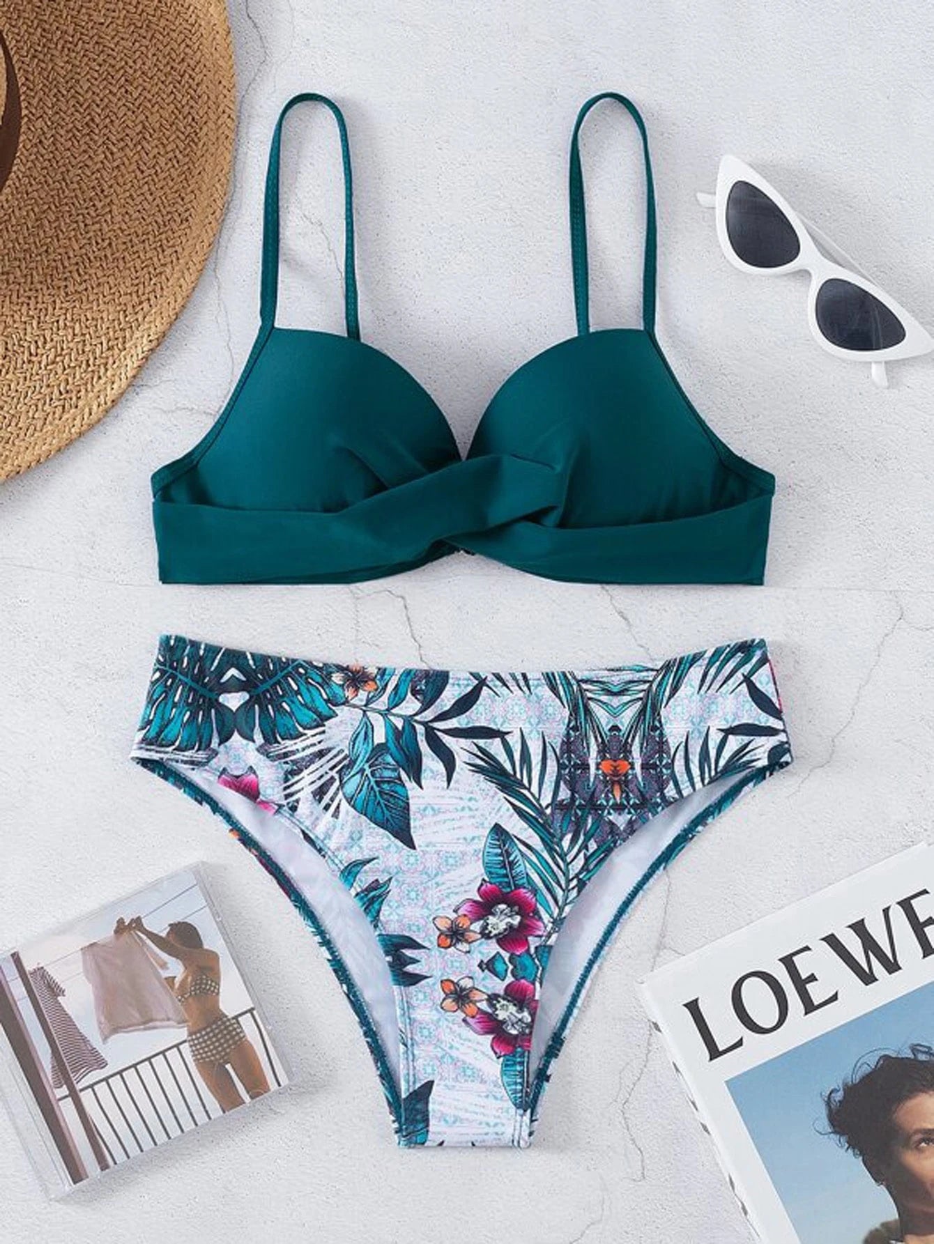 Conjunto de Maiô Bikini feminino para o verão com top sem alças cruzado à frente e Bottom de Maiô Bikini imprimido com plantas tropicais, roupa de banho, impressão aleatória