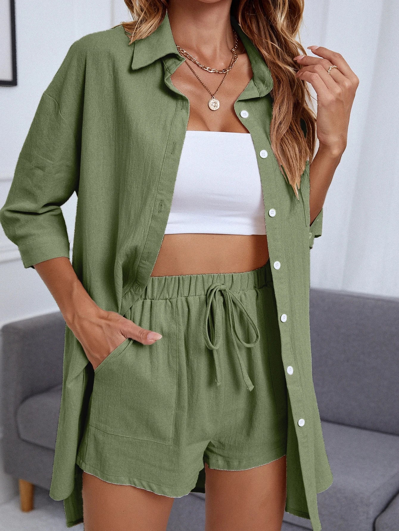 INAWLY Não Trespassado Ombro caído Camisa & Conjunto de Bermudas
