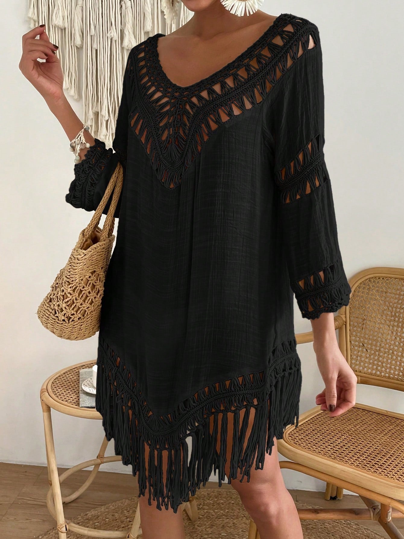 Swim Vcay Capa Tricotada Vazada Feminina, Moda Simples Casual para Férias