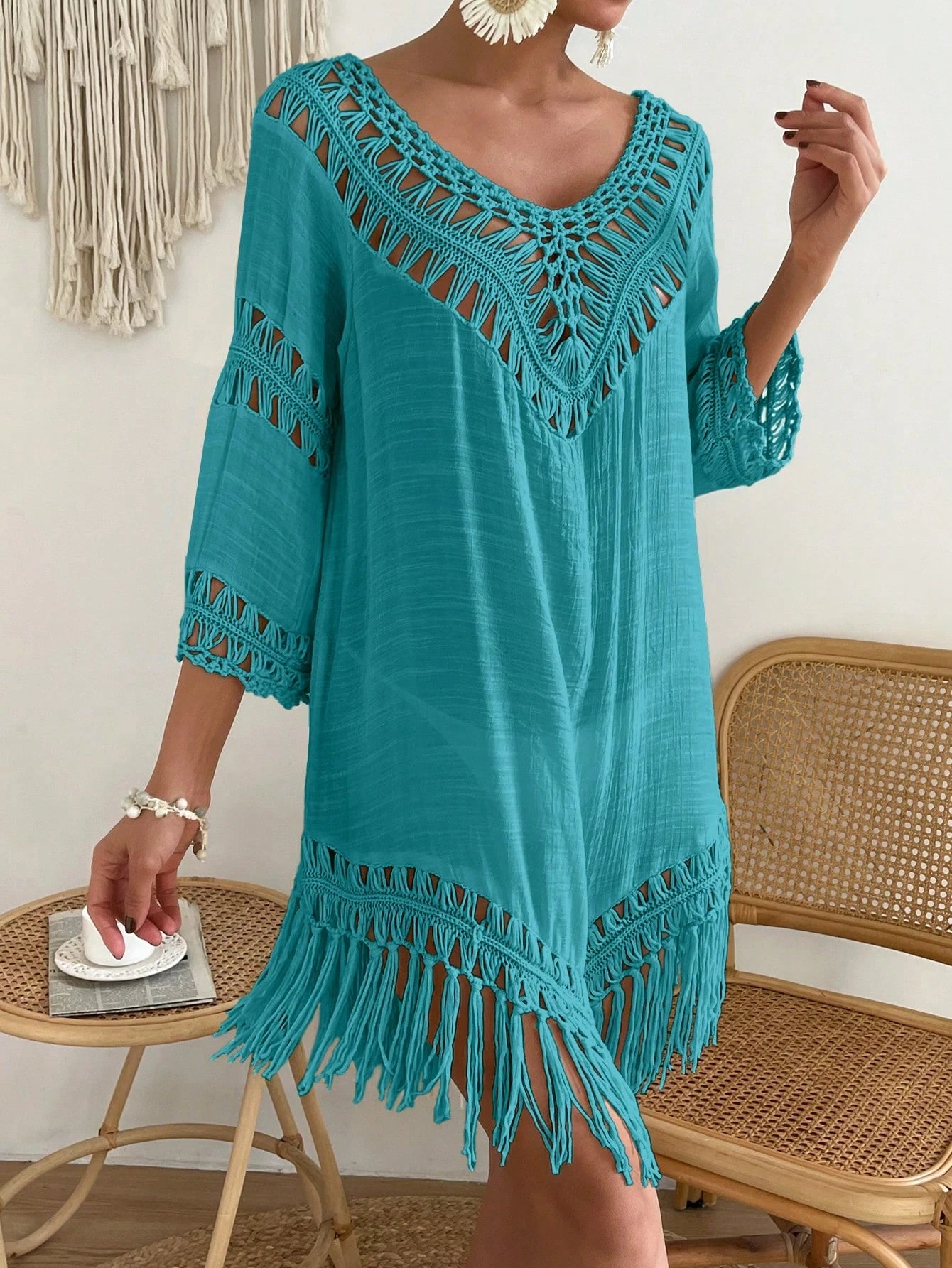 Swim Vcay Capa Tricotada Vazada Feminina, Moda Simples Casual para Férias
