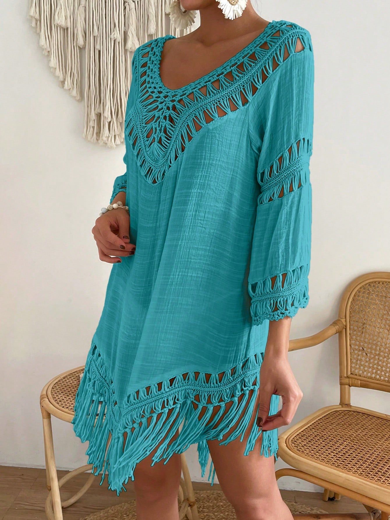 Swim Vcay Capa Tricotada Vazada Feminina, Moda Simples Casual para Férias