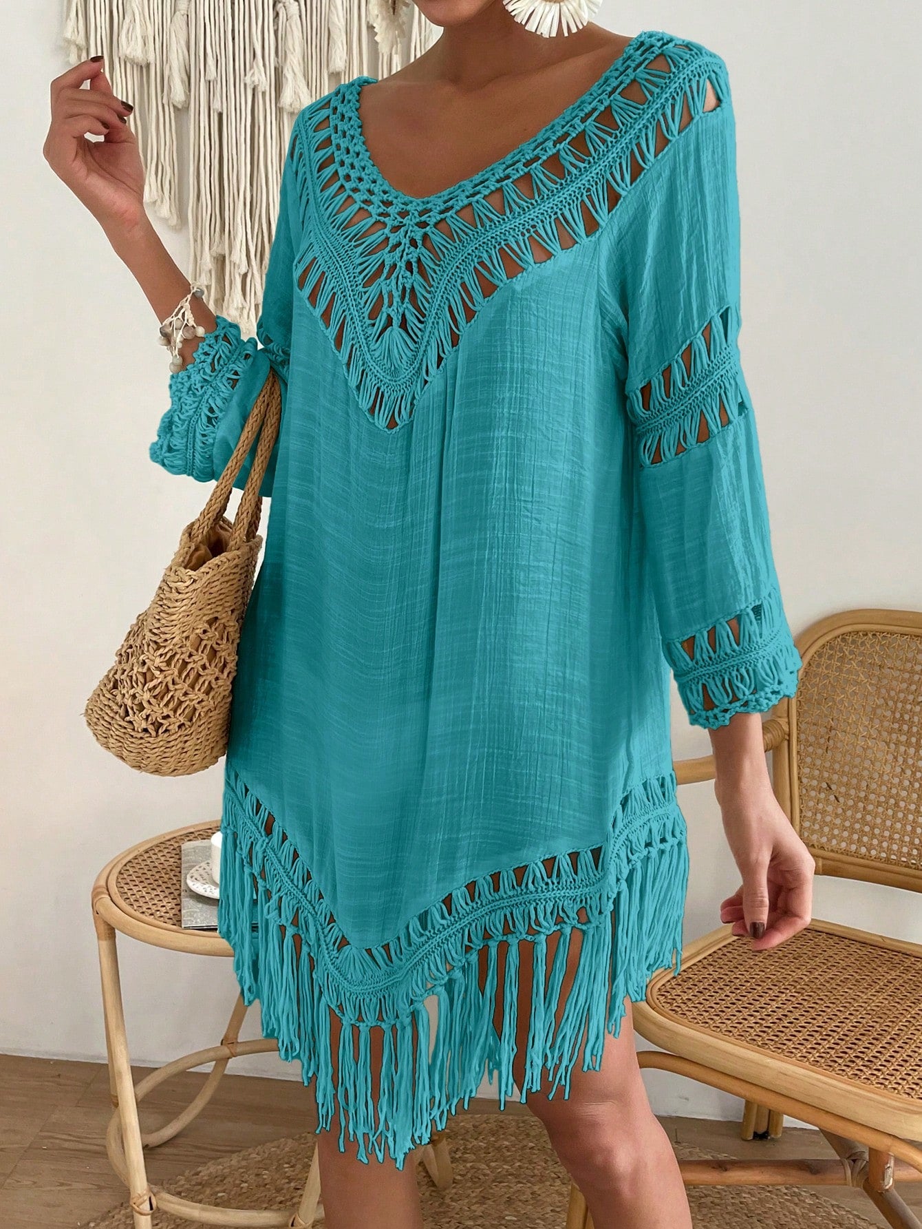 Swim Vcay Capa Tricotada Vazada Feminina, Moda Simples Casual para Férias