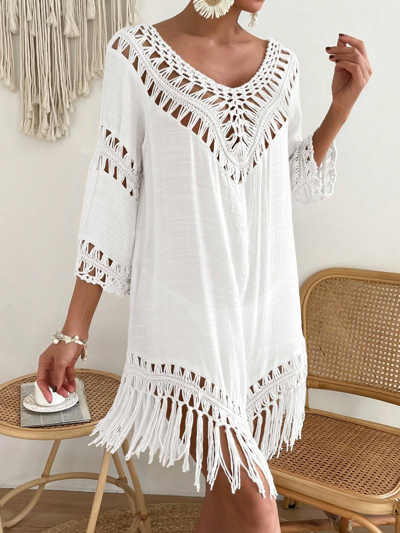 Swim Vcay Capa Tricotada Vazada Feminina, Moda Simples Casual para Férias