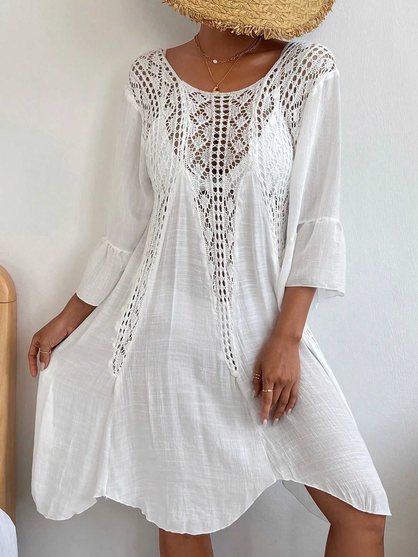 Swim Vcay Crochê Contraste Manga De Encampanada Vestido De Cobertura