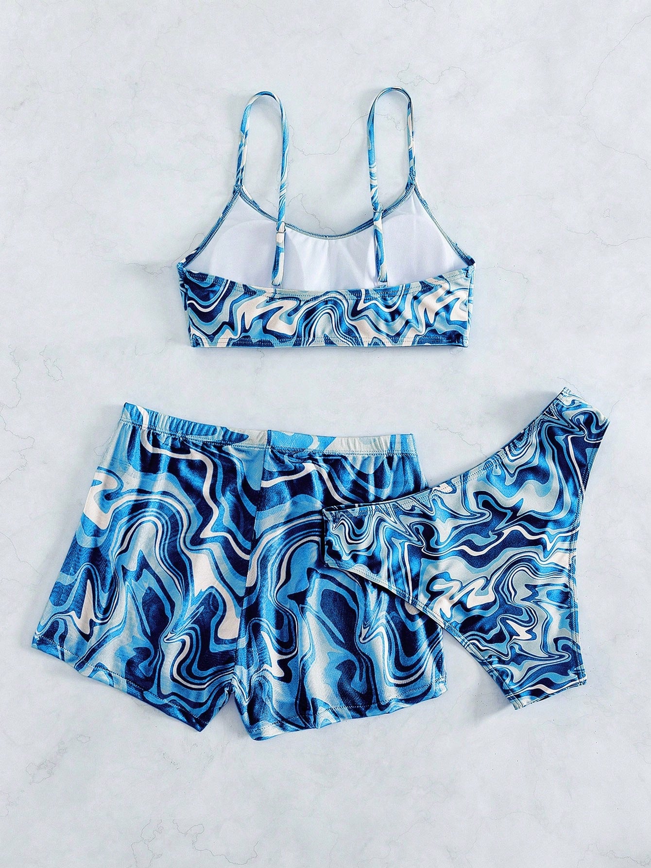 SHEIN Swim Conjunto de Maiô Bikini feminino com alças finas para o verão na Praia com Estampa de Redemoinho, impressionados aleatoriamente.