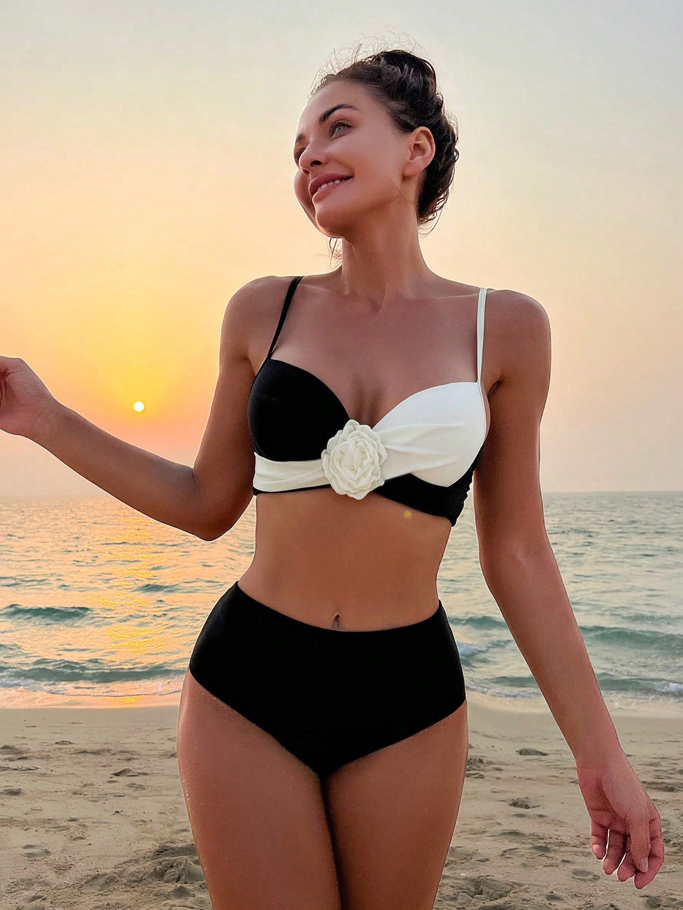 SHEIN Swim Conjunto de Maiô Bikini 3D Floral com Bloco de Cores de Praia de Verão