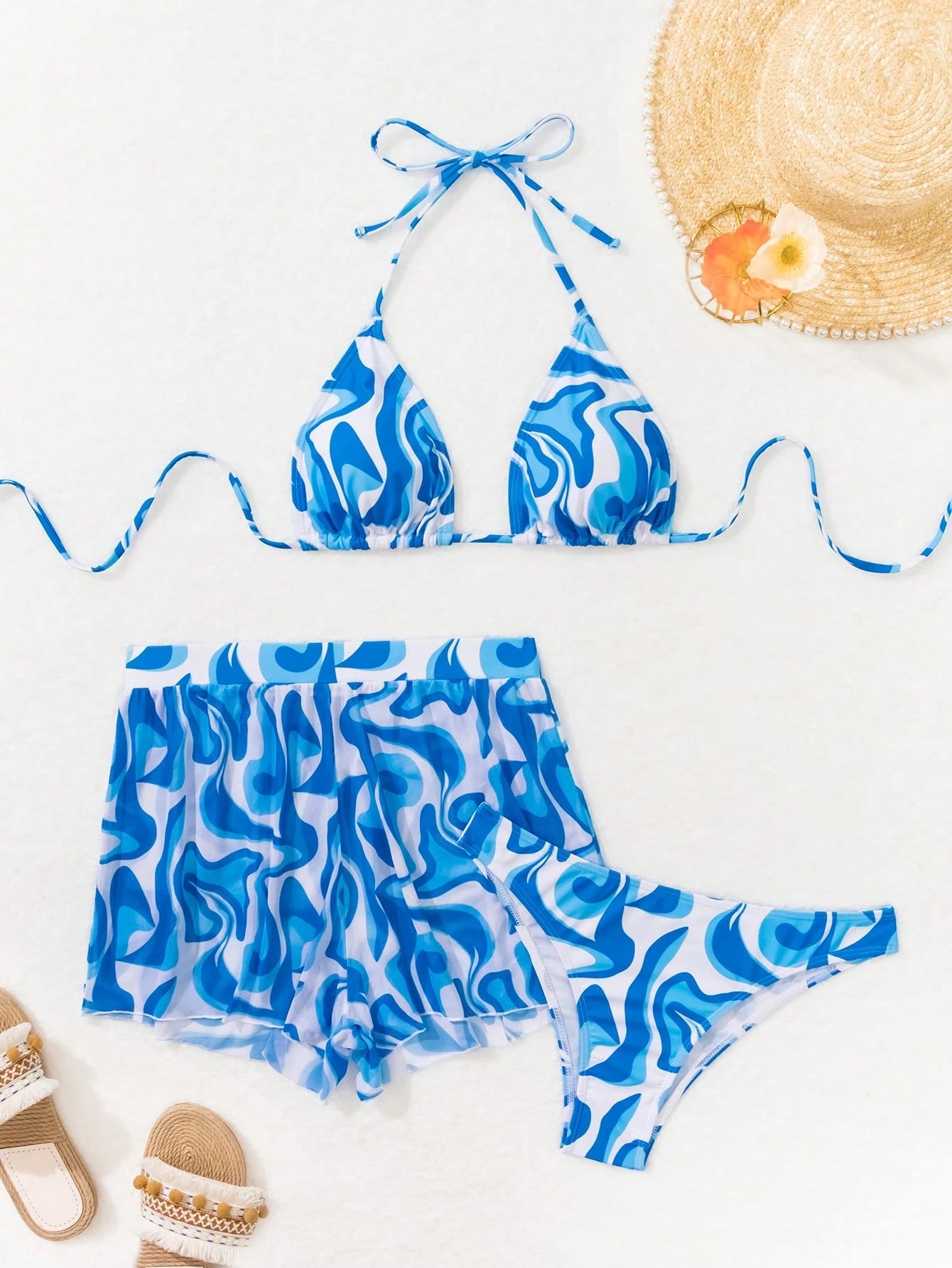 Swim Vcay 3 peças/Conjunto Maiô Bikini Impresso Aleatório para Praia/Férias