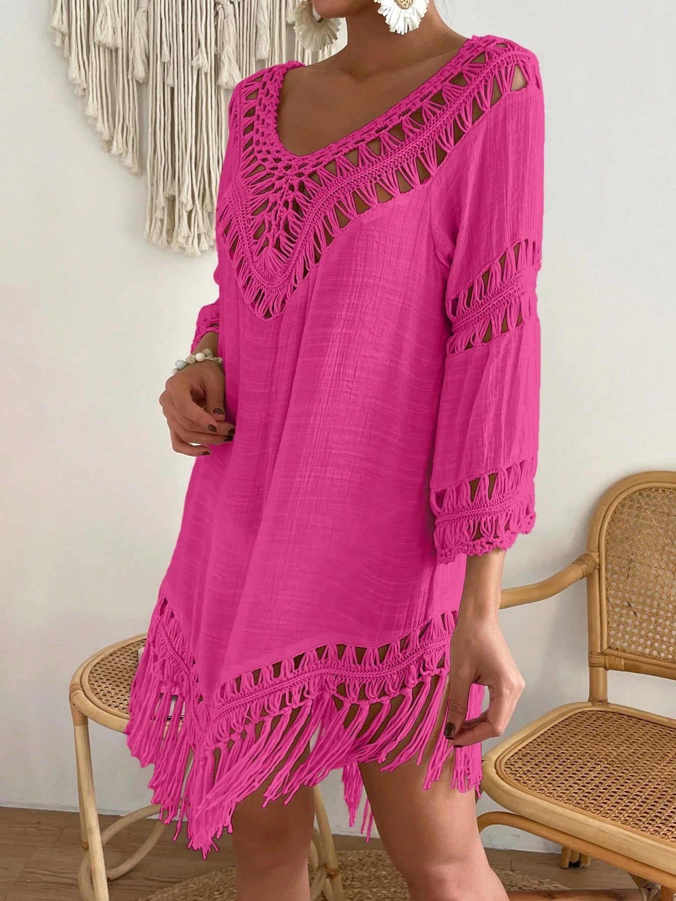 Swim Vcay Capa Tricotada Vazada Feminina, Moda Simples Casual para Férias