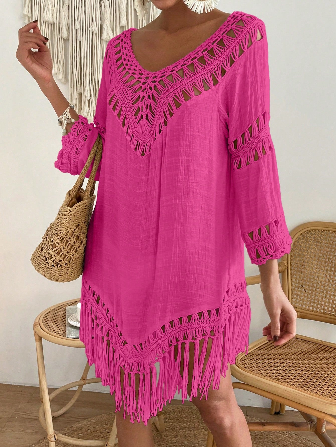 Swim Vcay Capa Tricotada Vazada Feminina, Moda Simples Casual para Férias