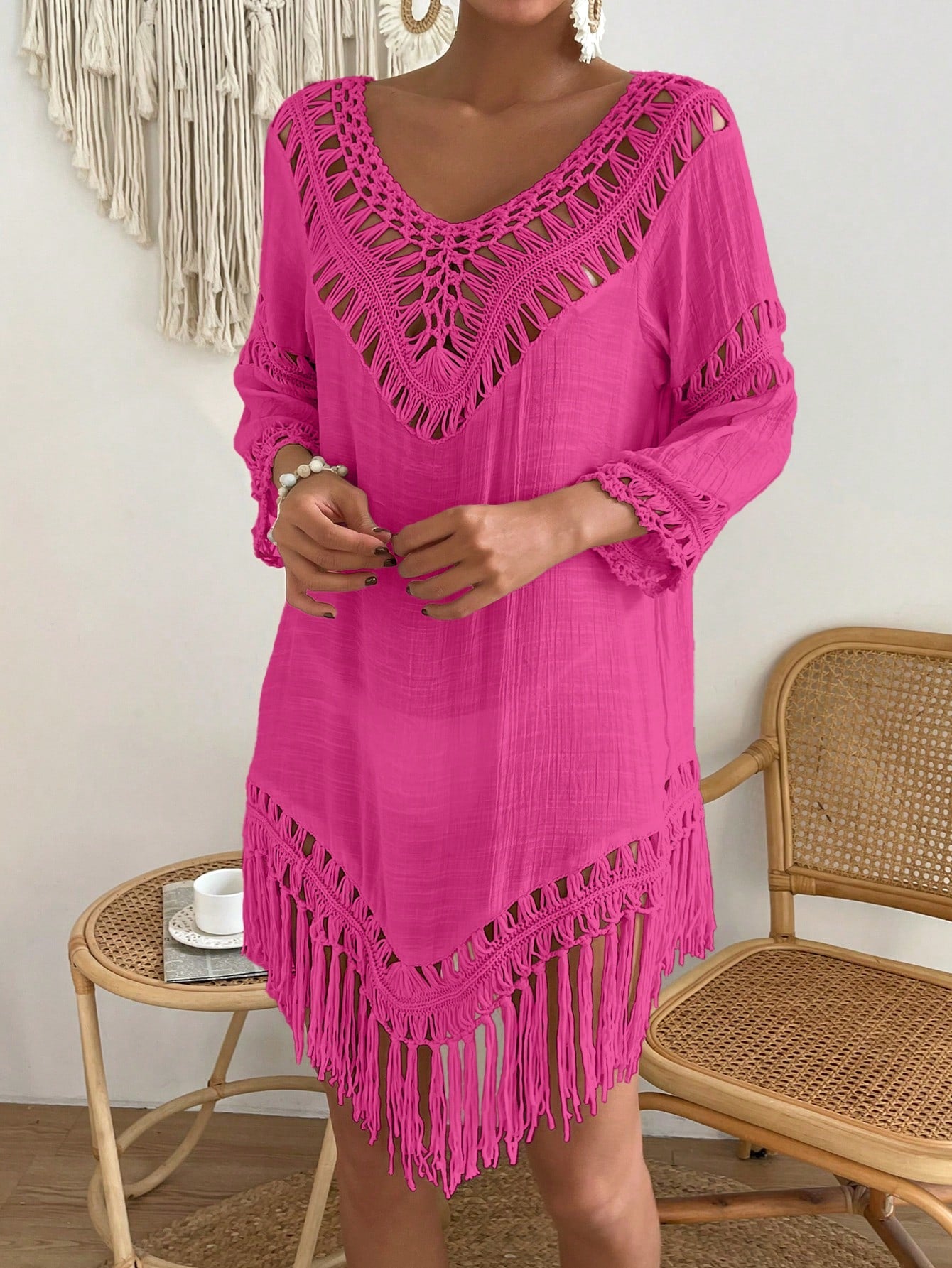 Swim Vcay Capa Tricotada Vazada Feminina, Moda Simples Casual para Férias