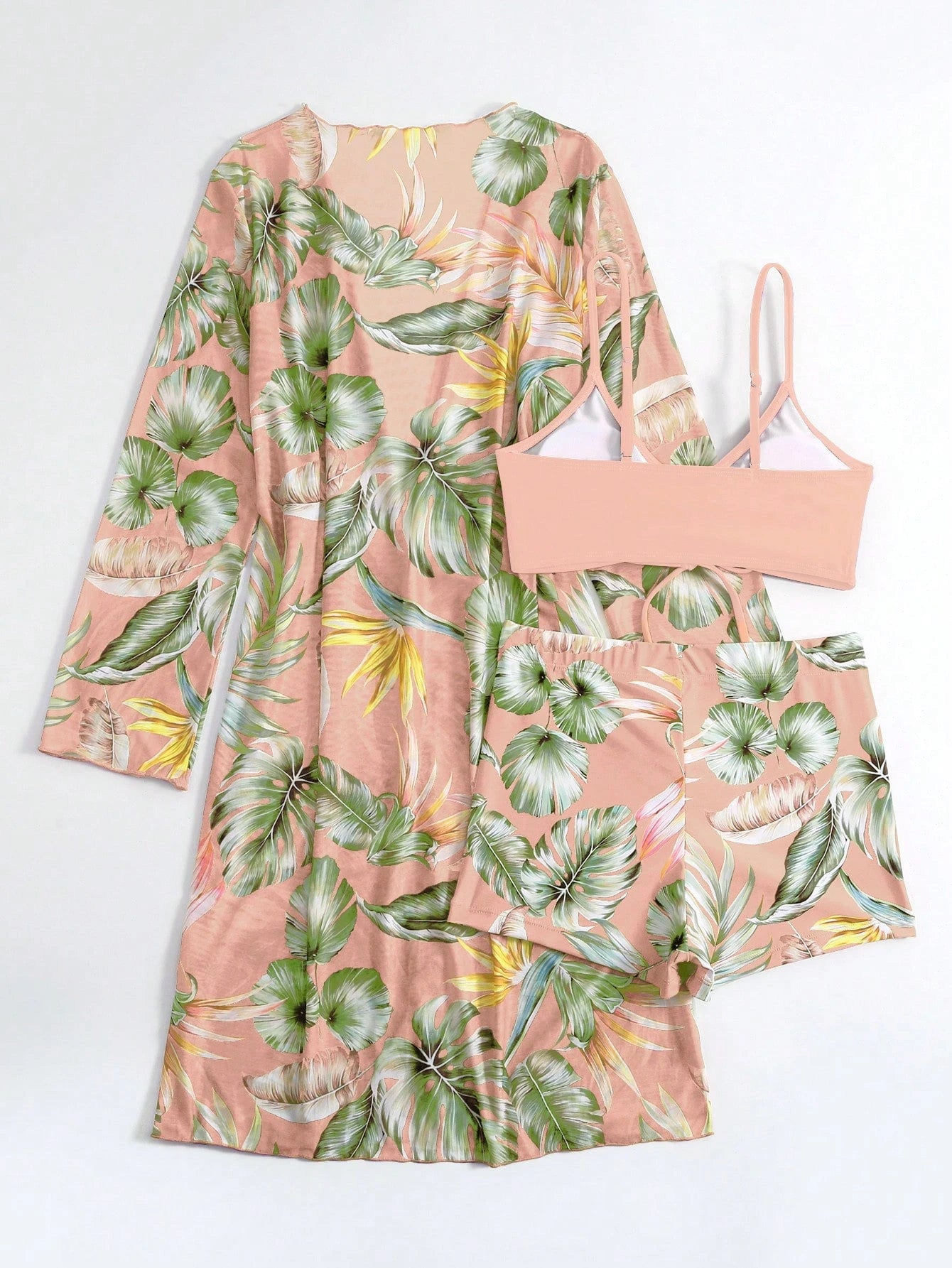 SHEIN Swim Conjunto de Maiô Bikini com alças finas e estampa contrastante de praia tropical de verão e quimono com estampa tropical