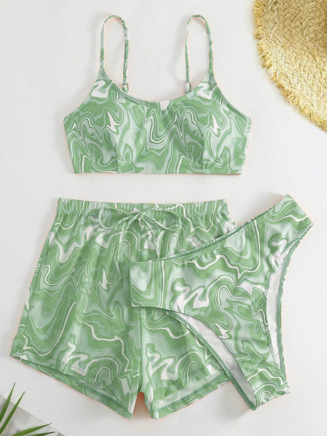 SHEIN Swim Conjunto de Maiô Bikini feminino com alças finas para o verão na Praia com Estampa de Redemoinho, impressionados aleatoriamente.