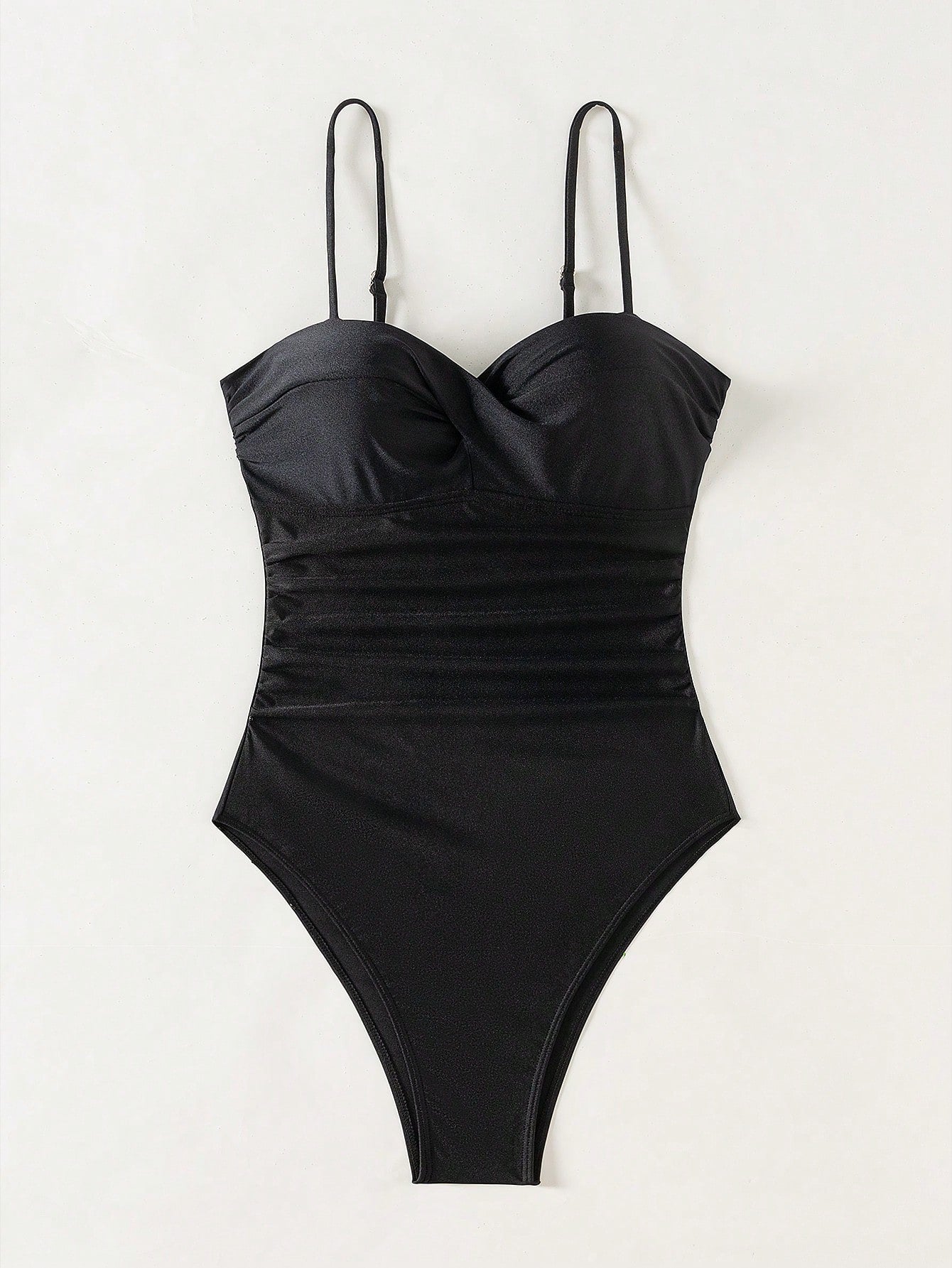 SHEIN Swim 1 Peça Macacão de Banho Feminino de Cor Sólida, com Alças de Espaguete Torcidas, para Verão, com Suporte Interno e Efeito Push-Up