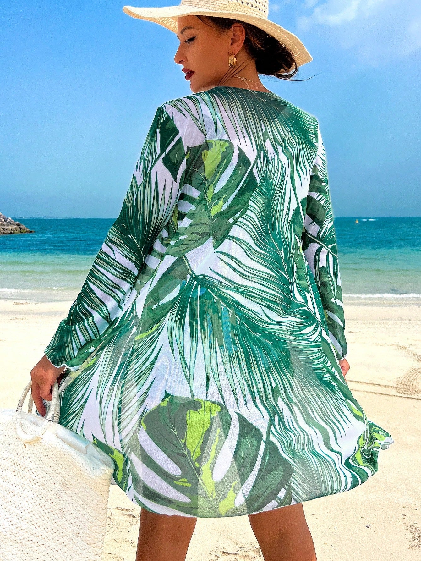 Swim Lushoire Conjunto de Maiô Bikini Sexy com Cordão na Frente e Roupão Floral Tropical de Verão para Mulheres