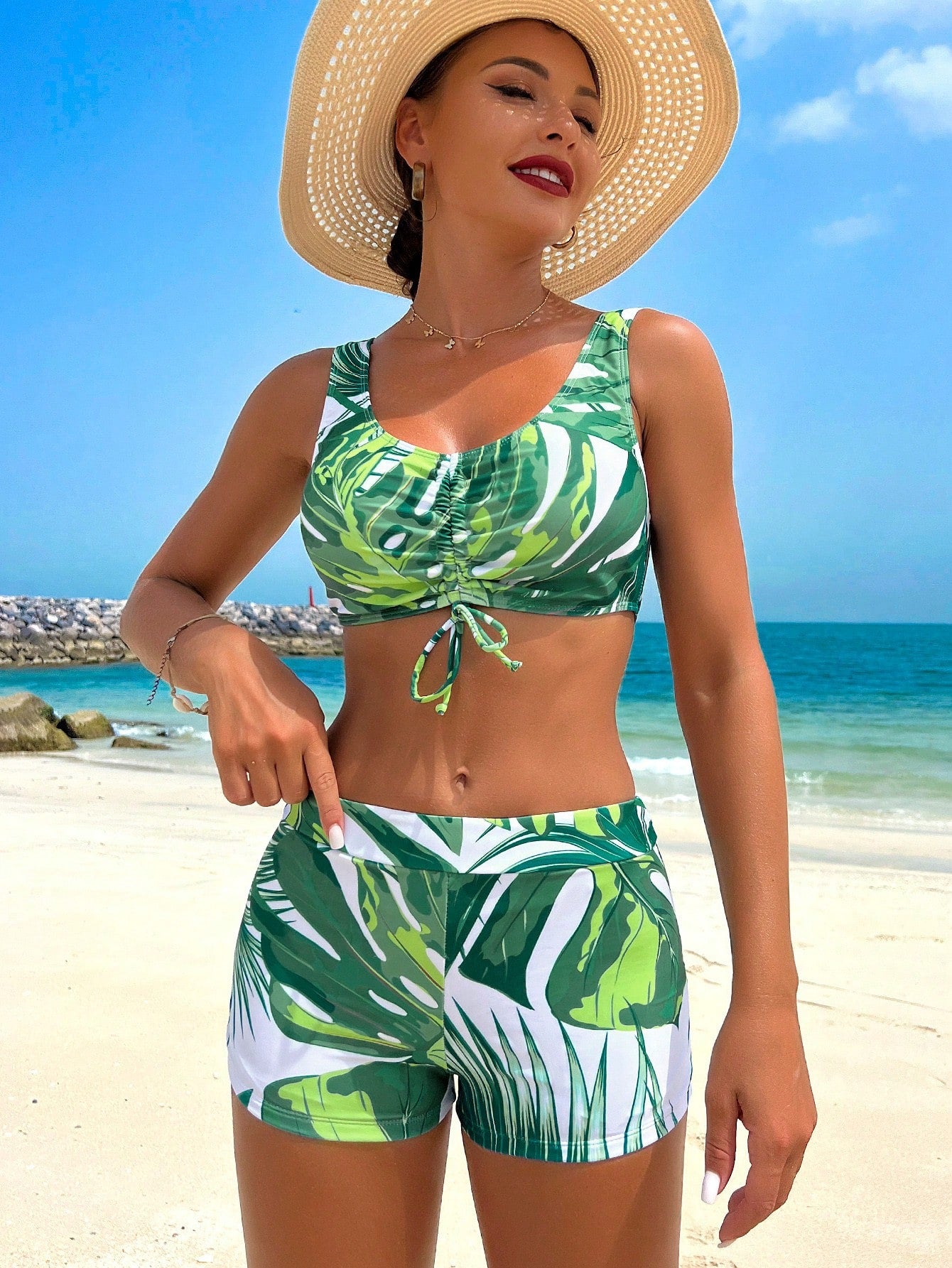 Swim Lushoire Conjunto de Maiô Bikini Sexy com Cordão na Frente e Roupão Floral Tropical de Verão para Mulheres