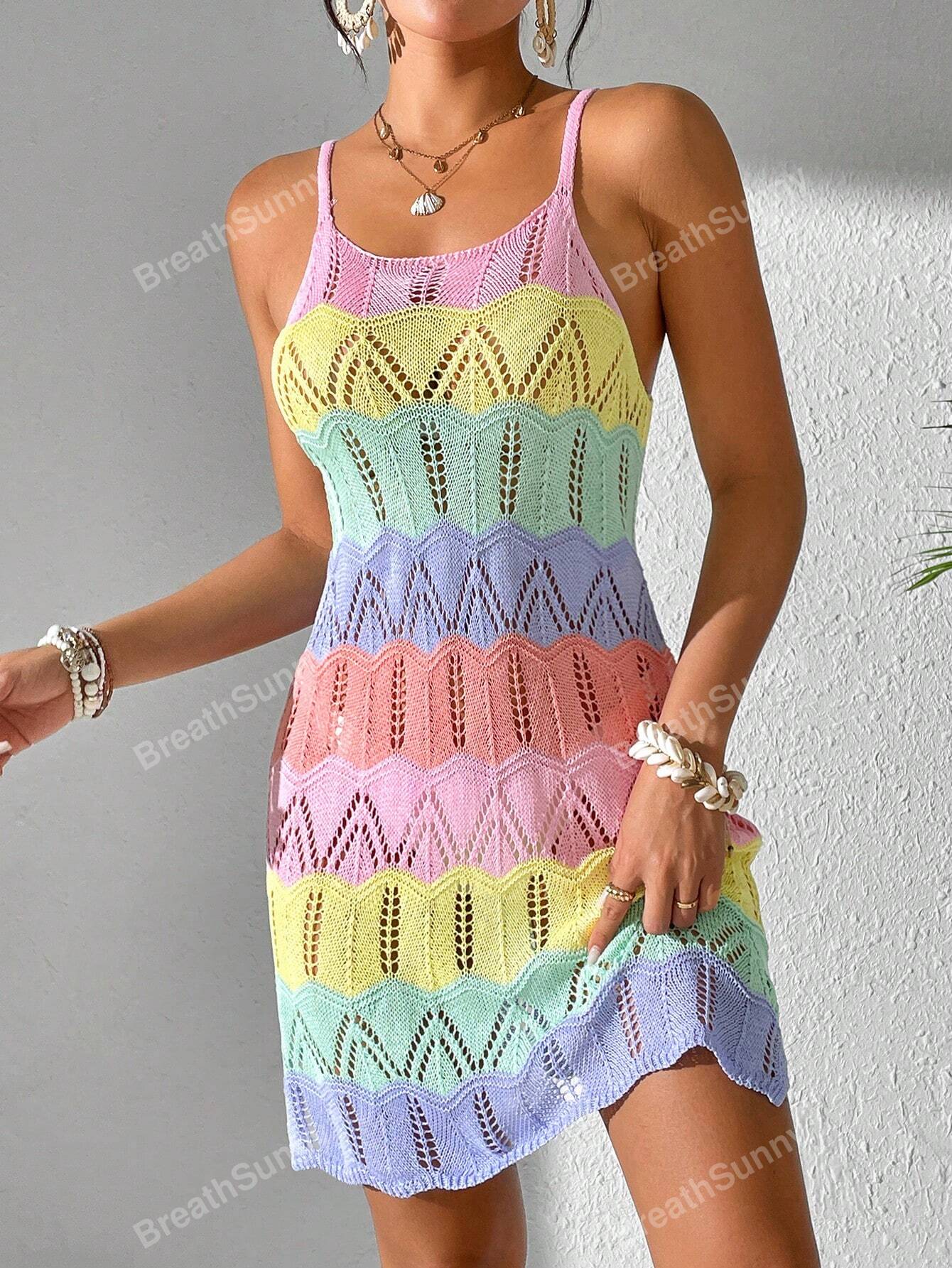 Vestido Tricô Vazado Recorte Colorido Contrastante, Vestido Boêmio Feminino de Verão para Férias na Praia