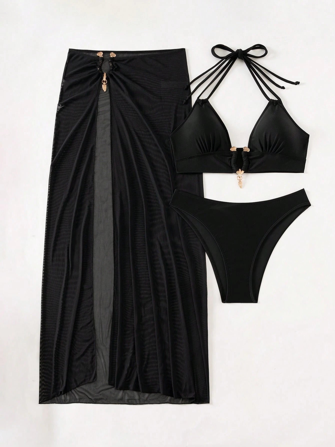 Swim SXY Conjunto de Maiô Bikini e Saída de Praia Feminino Verão Sólido Halter com Amarração, Sexy, com Saia de Cobertura, Traje de Férias