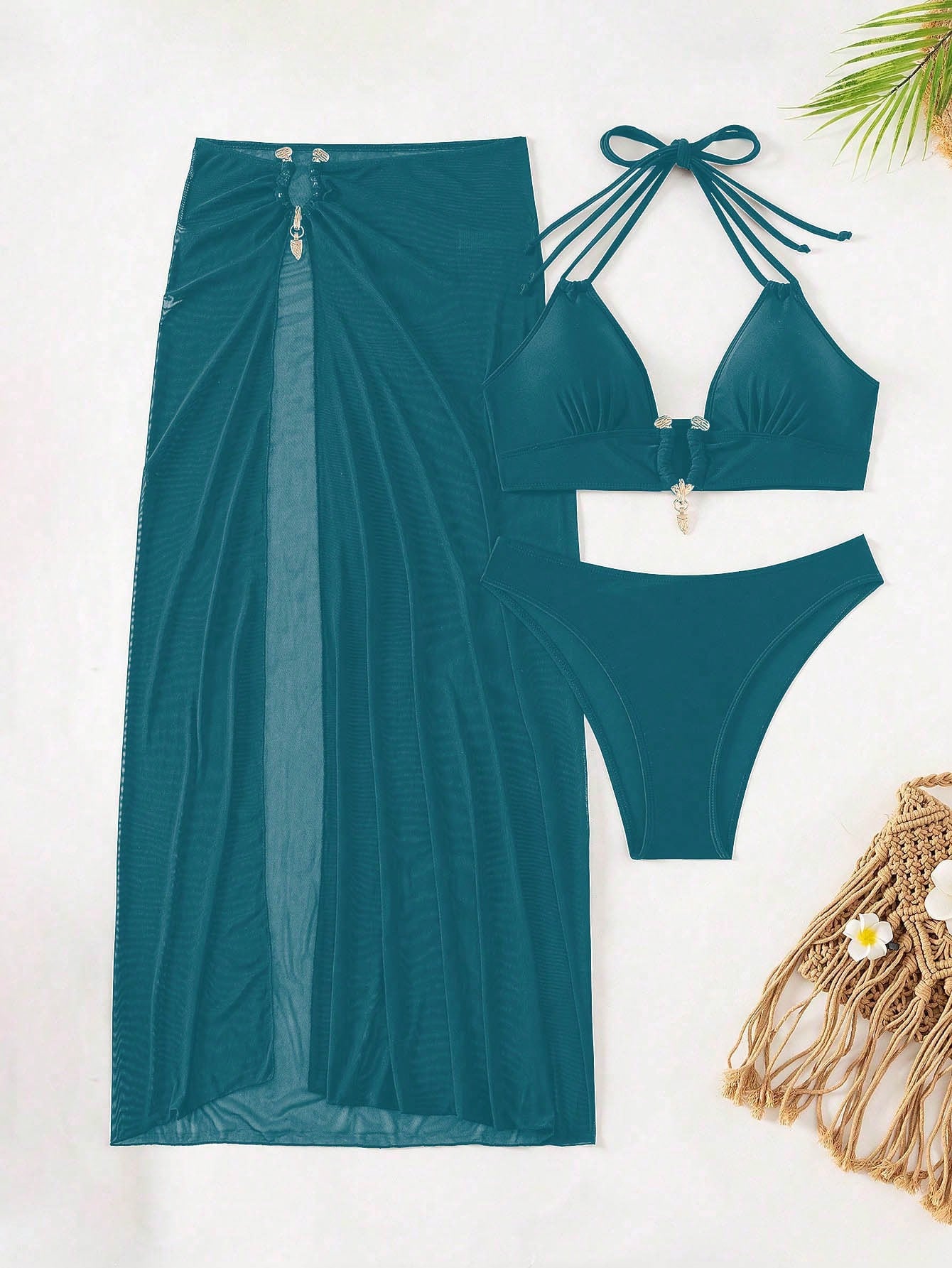 Swim SXY Conjunto de Maiô Bikini e Saída de Praia Feminino Verão Sólido Halter com Amarração, Sexy, com Saia de Cobertura, Traje de Férias