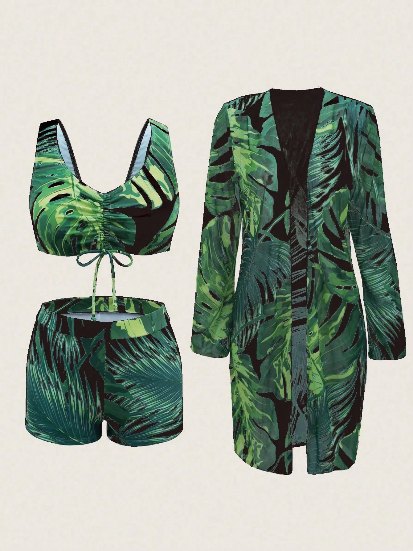 Swim Lushoire Conjunto de Maiô Bikini Sexy com Cordão na Frente e Roupão Floral Tropical de Verão para Mulheres