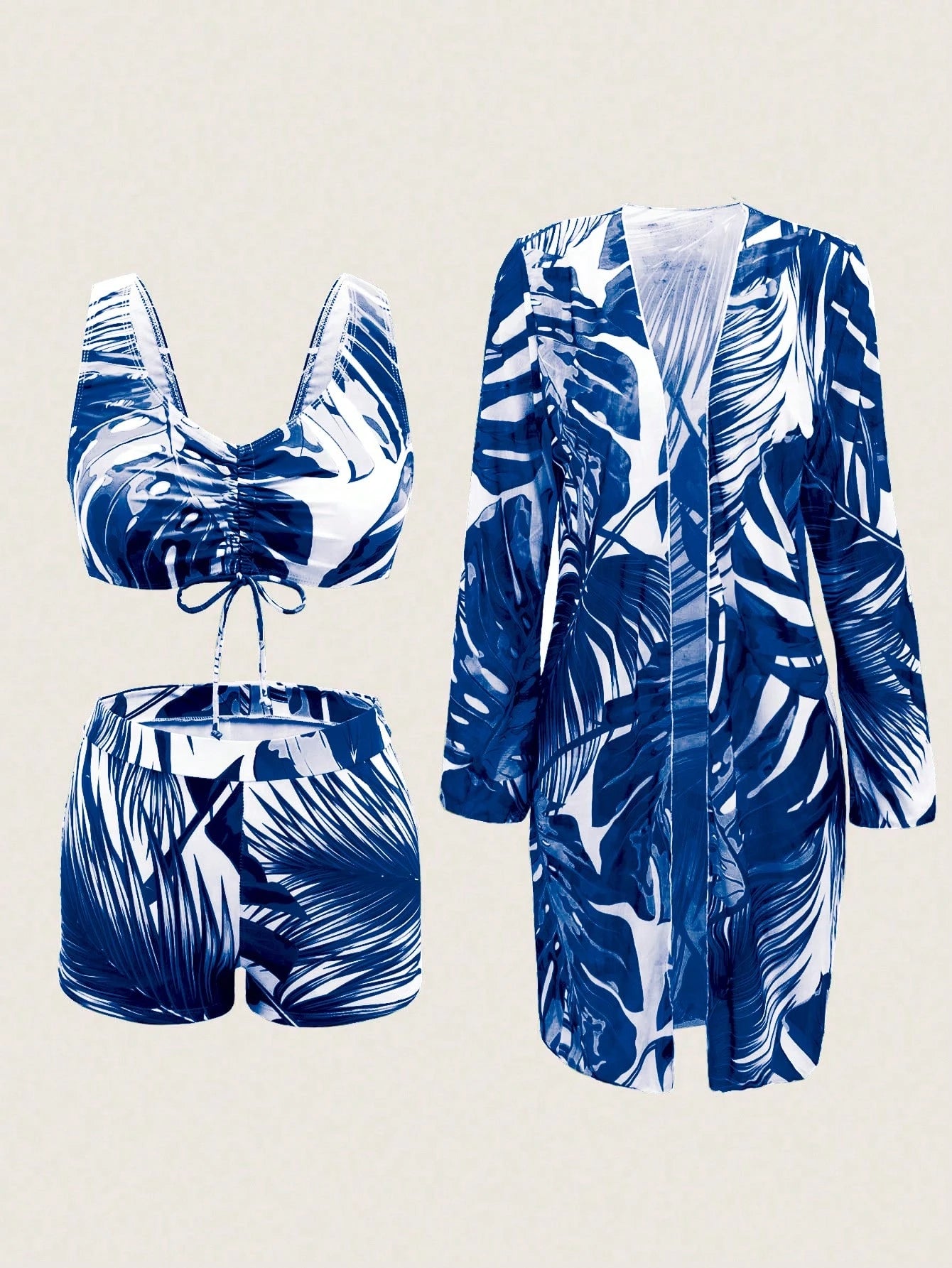 Swim Lushoire Conjunto de Maiô Bikini Sexy com Cordão na Frente e Roupão Floral Tropical de Verão para Mulheres