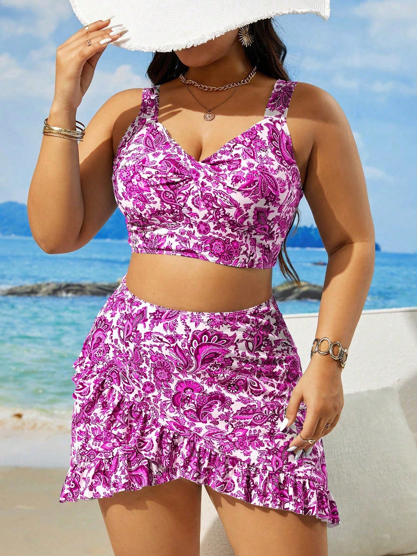 Swim Lushoire Maiô Tankini de Uso Diário Simples com Estampa Aleatória, Plus Size, Verão