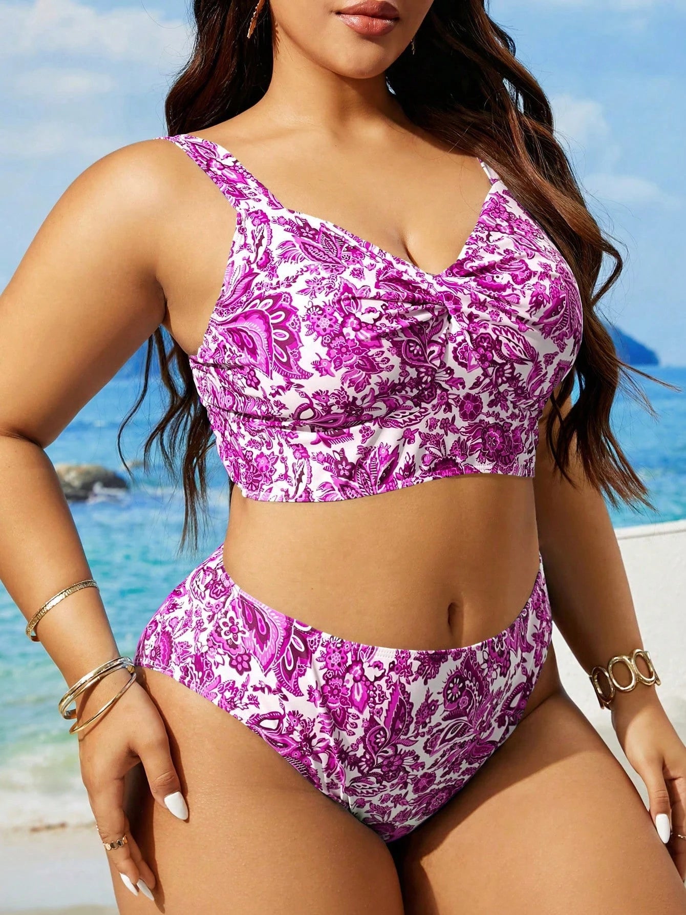 Swim Lushoire Maiô Tankini de Uso Diário Simples com Estampa Aleatória, Plus Size, Verão