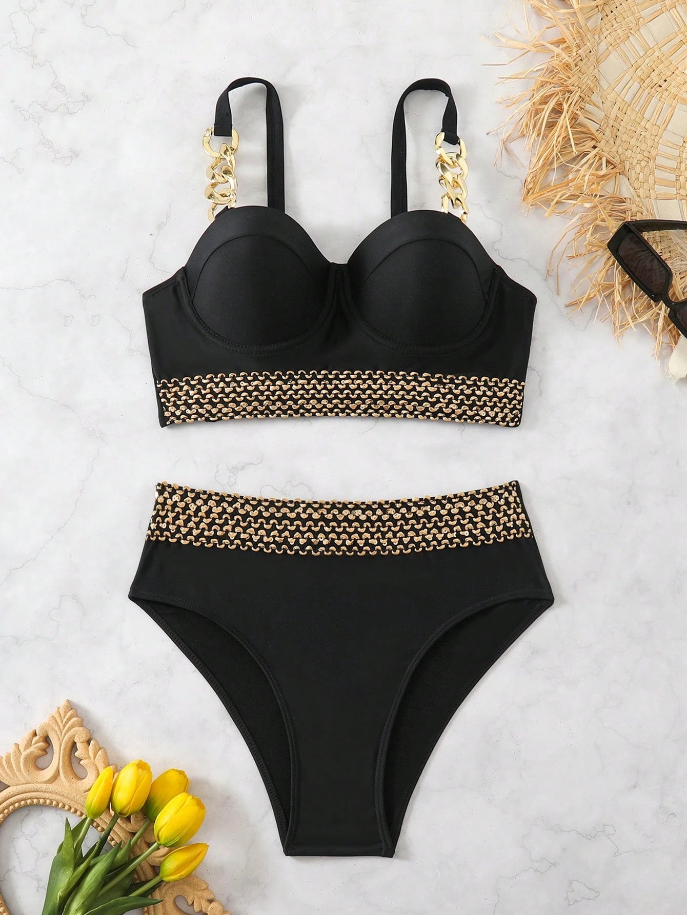 Conjunto de Maiô Bikini Feminino de Verão com Alças Ajustáveis, Tecido Trançado e Armação de Aço