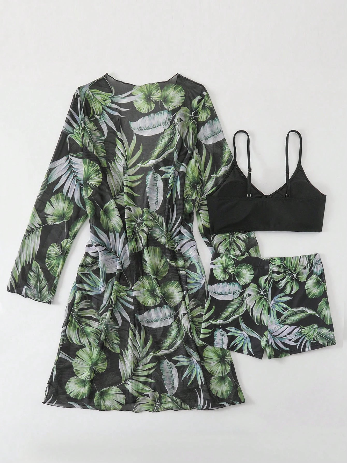 SHEIN Swim Conjunto de Maiô Bikini com alças finas e estampa contrastante de praia tropical de verão e quimono com estampa tropical