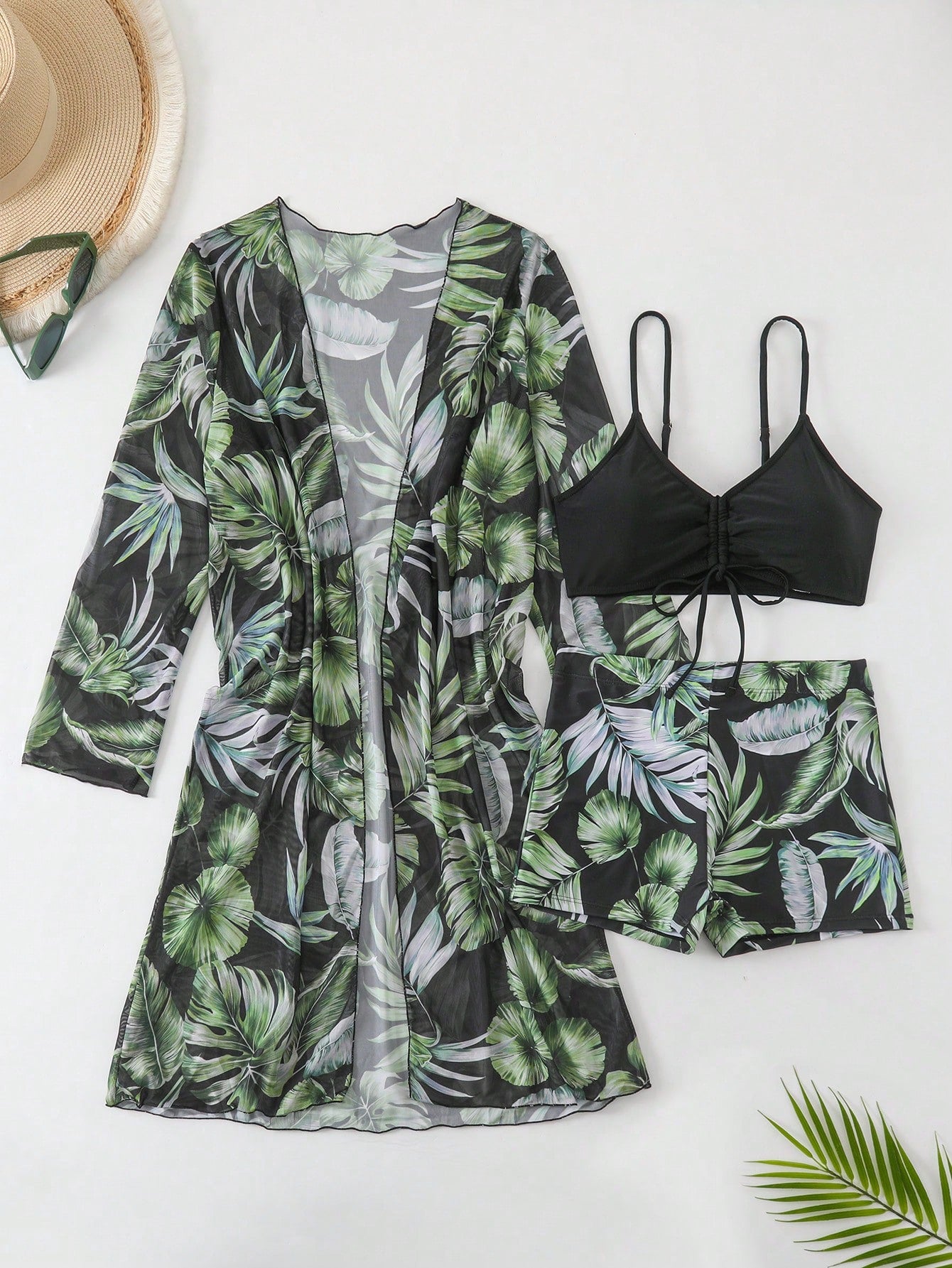 SHEIN Swim Conjunto de Maiô Bikini com alças finas e estampa contrastante de praia tropical de verão e quimono com estampa tropical
