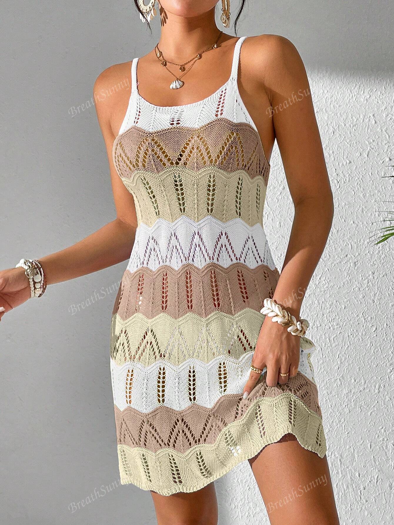 Vestido Tricô Vazado Recorte Colorido Contrastante, Vestido Boêmio Feminino de Verão para Férias na Praia