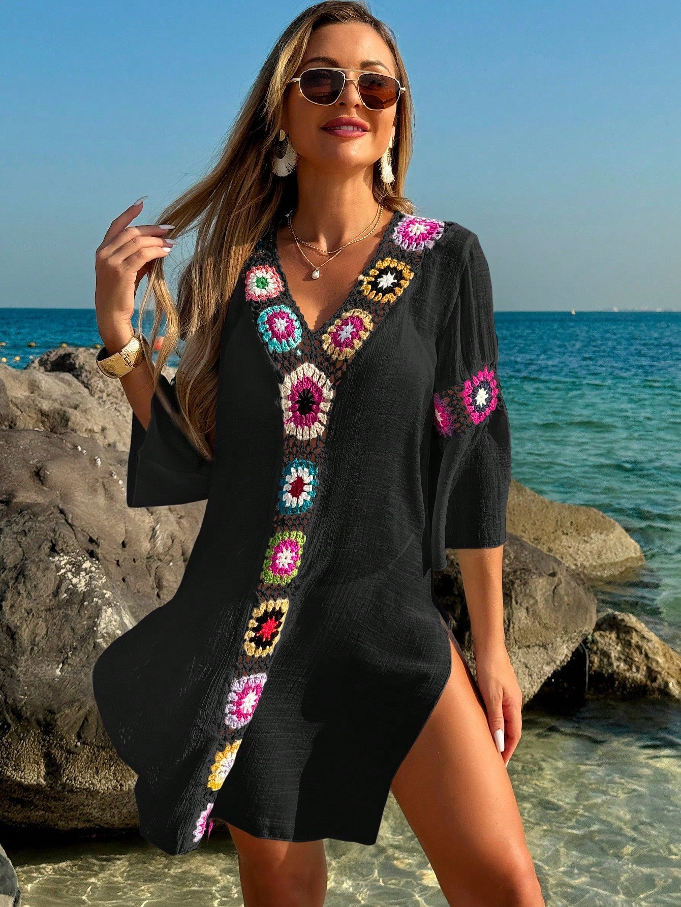 Swim Vcay Roupas de Verão para Mulheres, Vestido Túnica Solto com Decote em V, Manga 3/4, Flor de Crochê em Cor Aleatória, Fenda Lateral, Ideal para Praia e Férias de Verão
