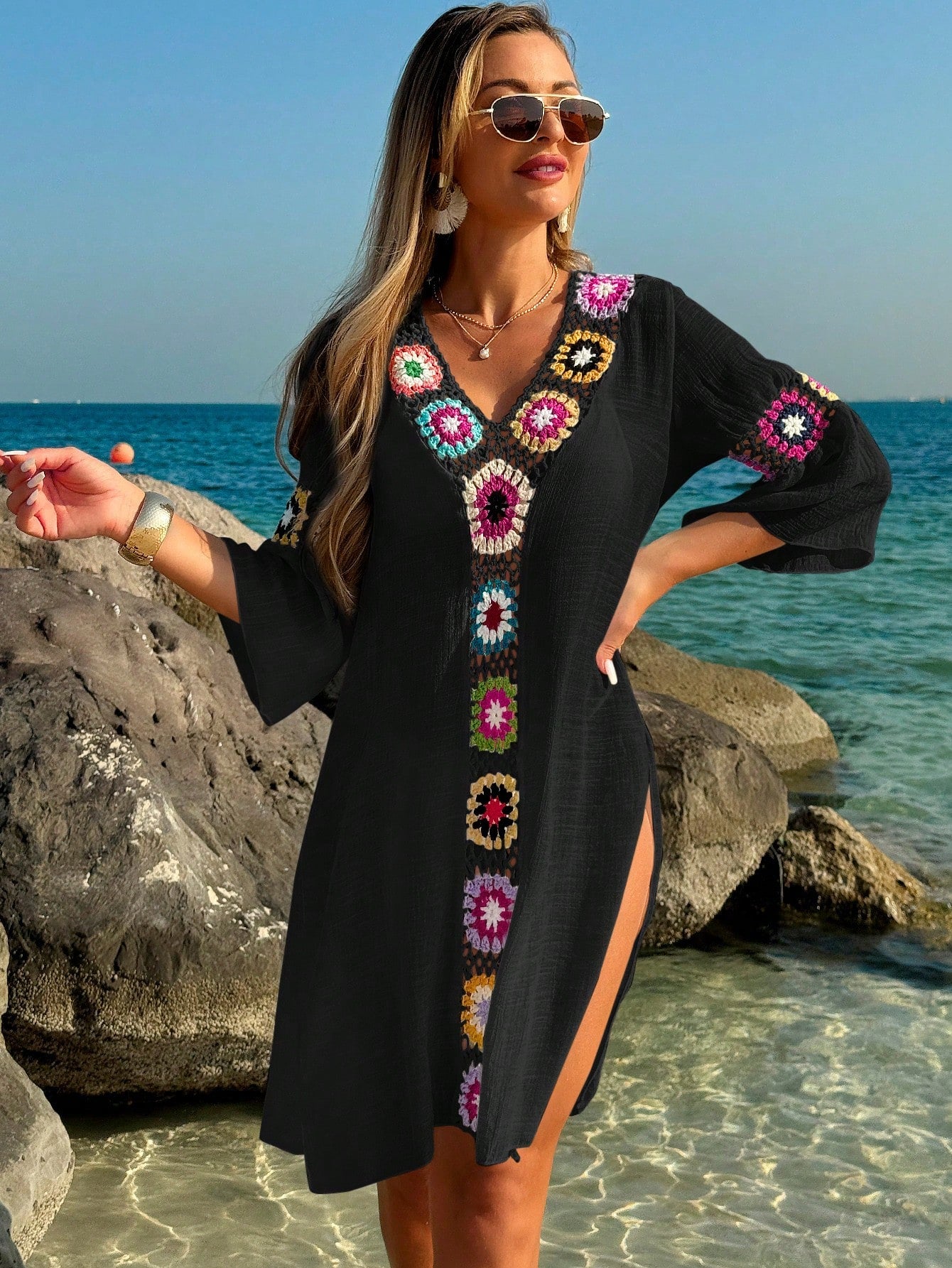 Swim Vcay Roupas de Verão para Mulheres, Vestido Túnica Solto com Decote em V, Manga 3/4, Flor de Crochê em Cor Aleatória, Fenda Lateral, Ideal para Praia e Férias de Verão