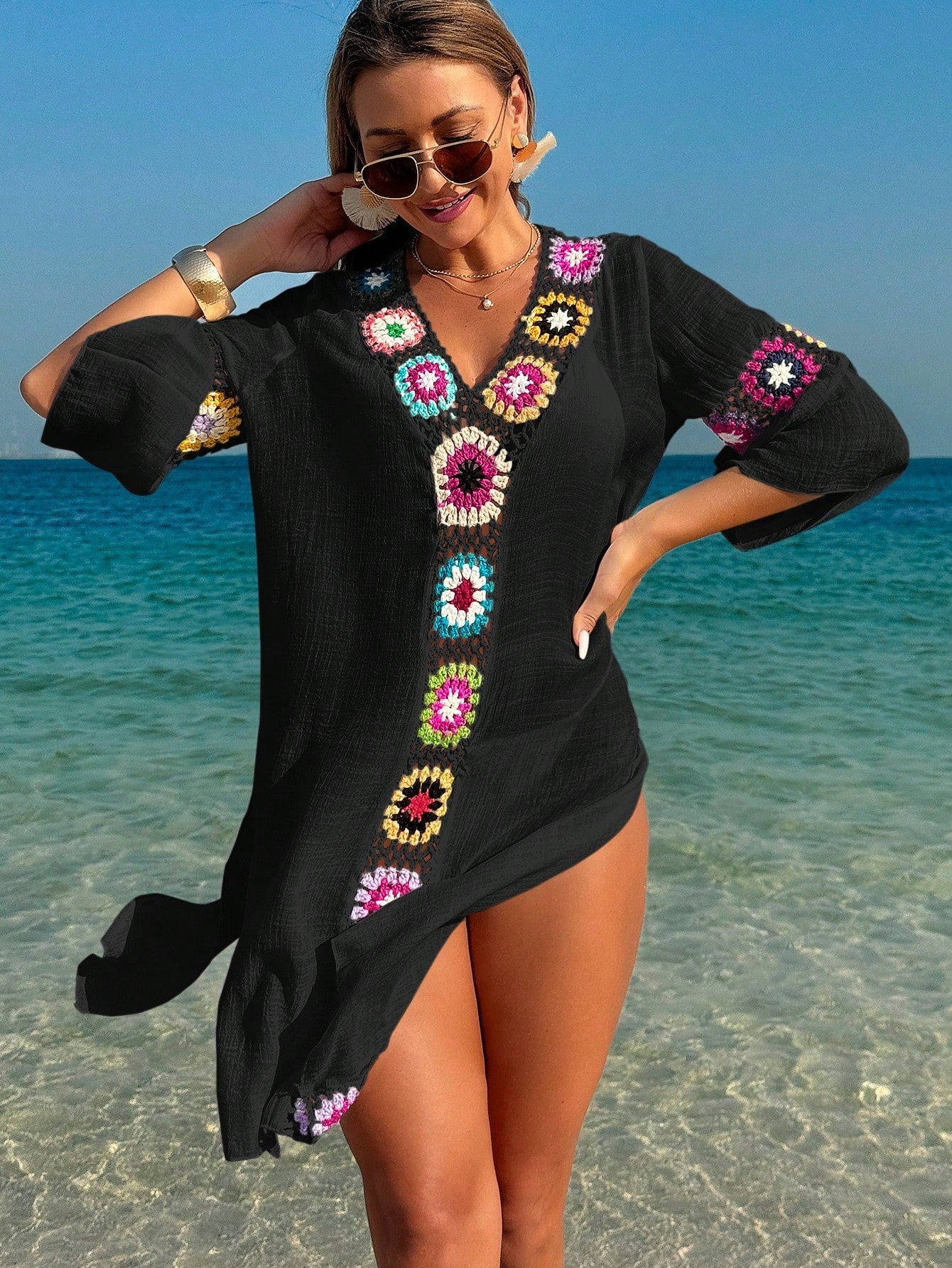 Swim Vcay Roupas de Verão para Mulheres, Vestido Túnica Solto com Decote em V, Manga 3/4, Flor de Crochê em Cor Aleatória, Fenda Lateral, Ideal para Praia e Férias de Verão