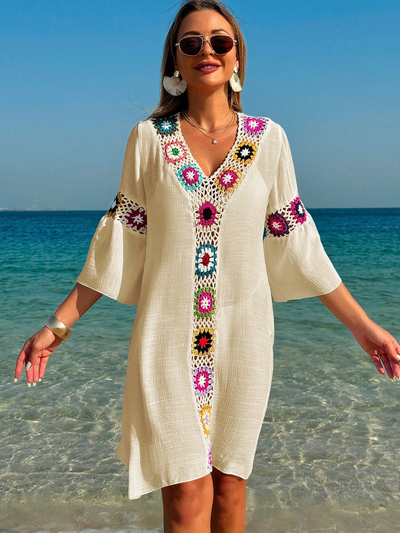 Swim Vcay Roupas de Verão para Mulheres, Vestido Túnica Solto com Decote em V, Manga 3/4, Flor de Crochê em Cor Aleatória, Fenda Lateral, Ideal para Praia e Férias de Verão