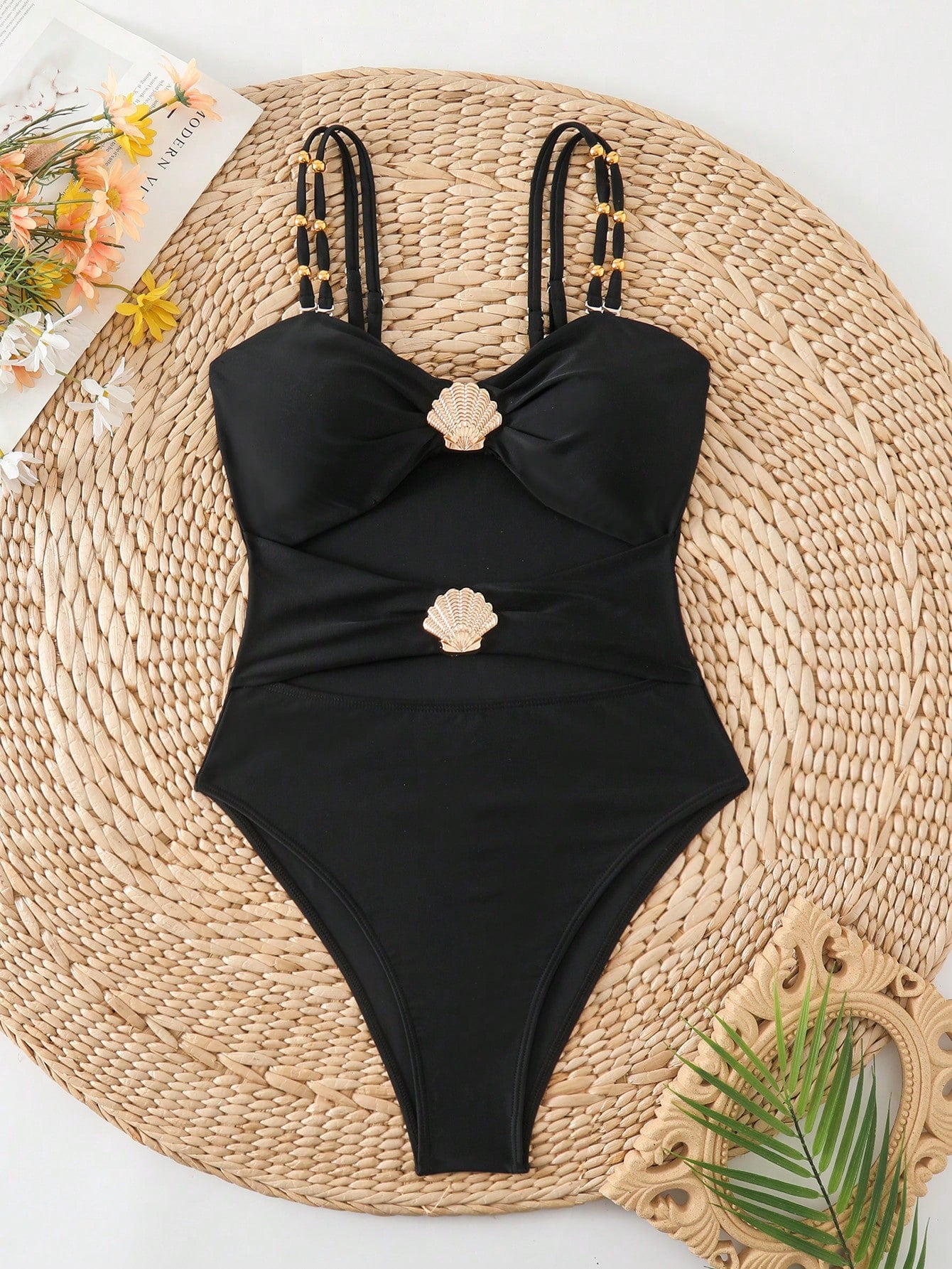 Swim Chiccia Maiô de Uma Peça para Praia e Resort, Decor de Metal, Decote Vazado, com Alças Duplas, Cor Sólida, para Mulheres