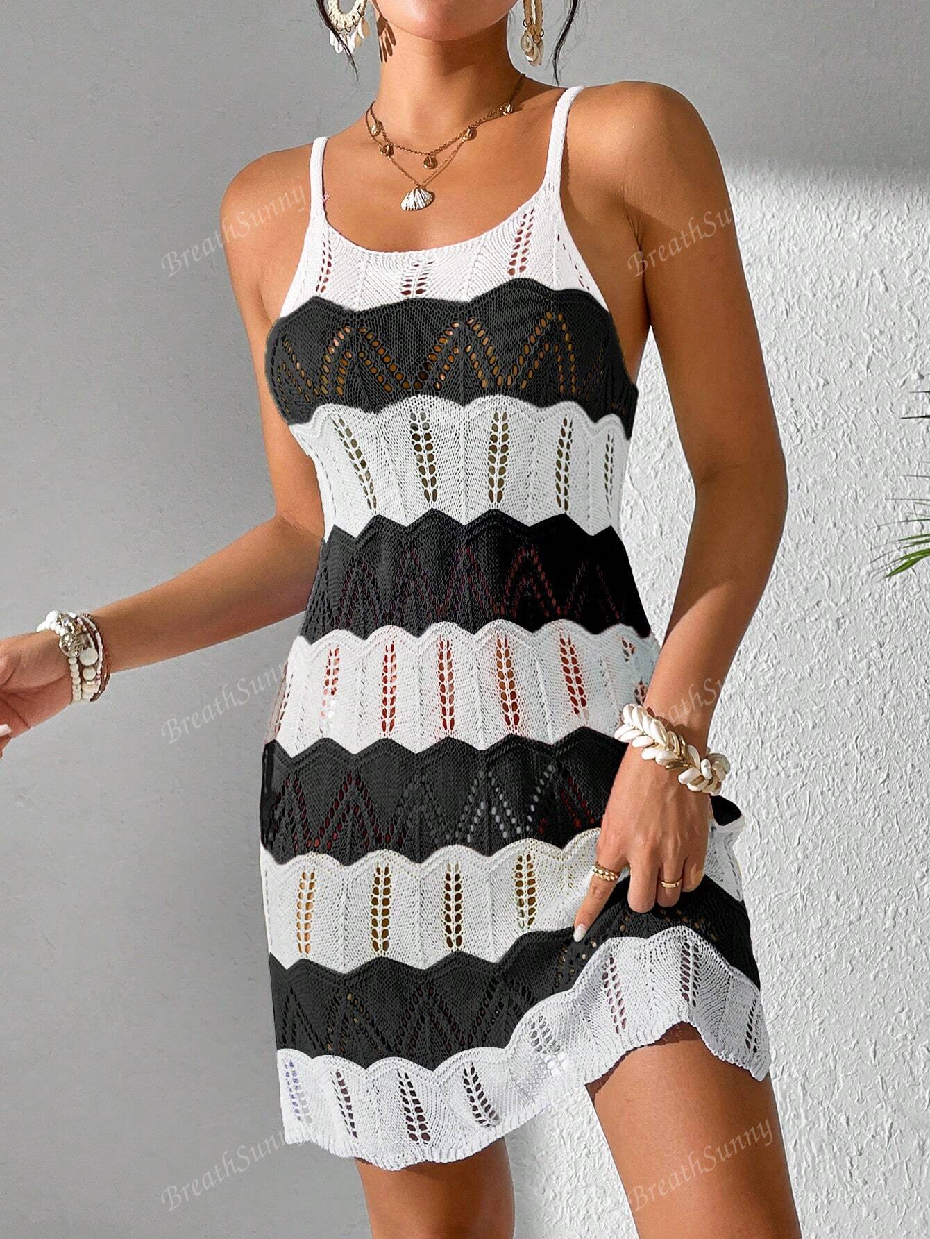 Vestido Tricô Vazado Recorte Colorido Contrastante, Vestido Boêmio Feminino de Verão para Férias na Praia