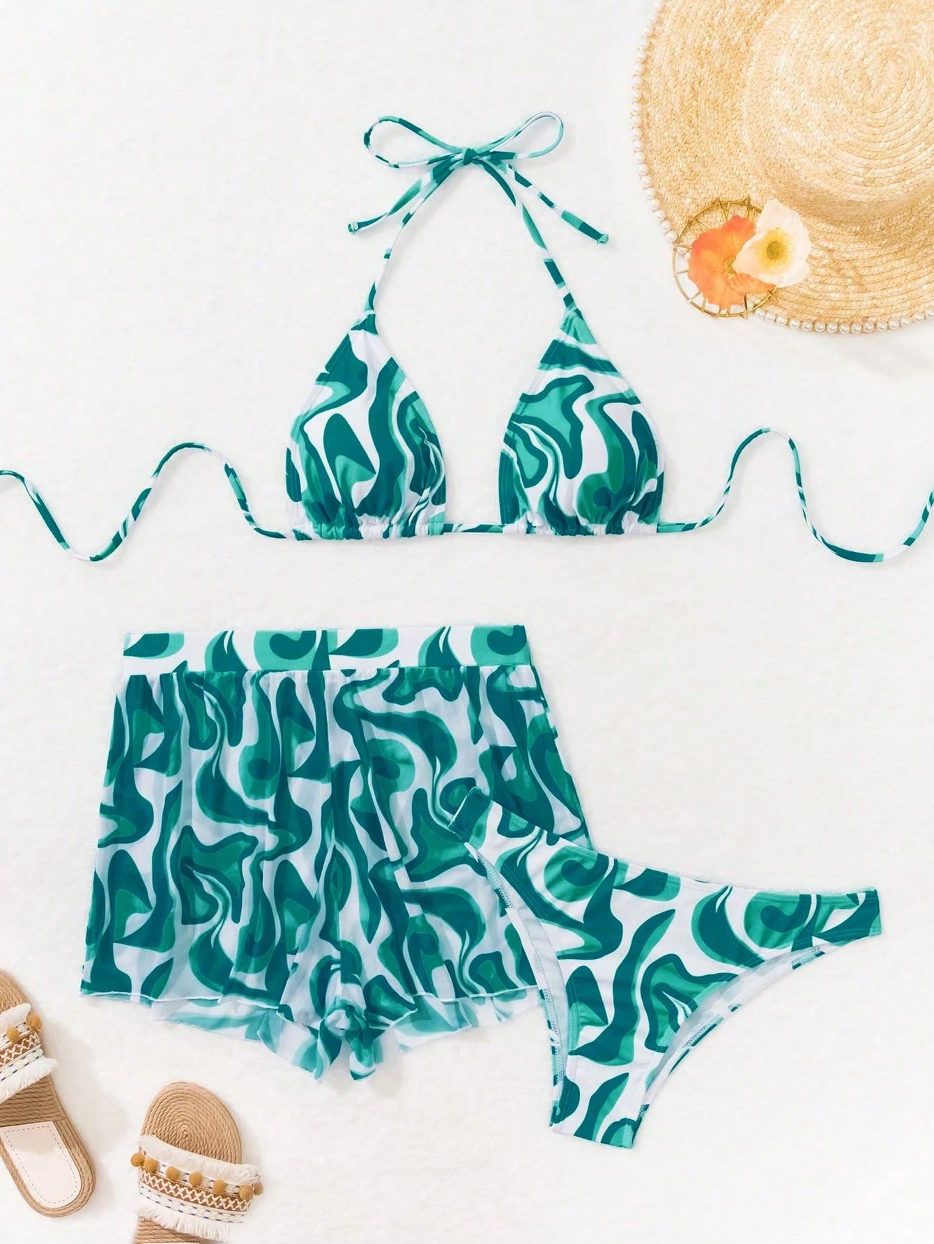 Swim Vcay 3 peças/Conjunto Maiô Bikini Impresso Aleatório para Praia/Férias