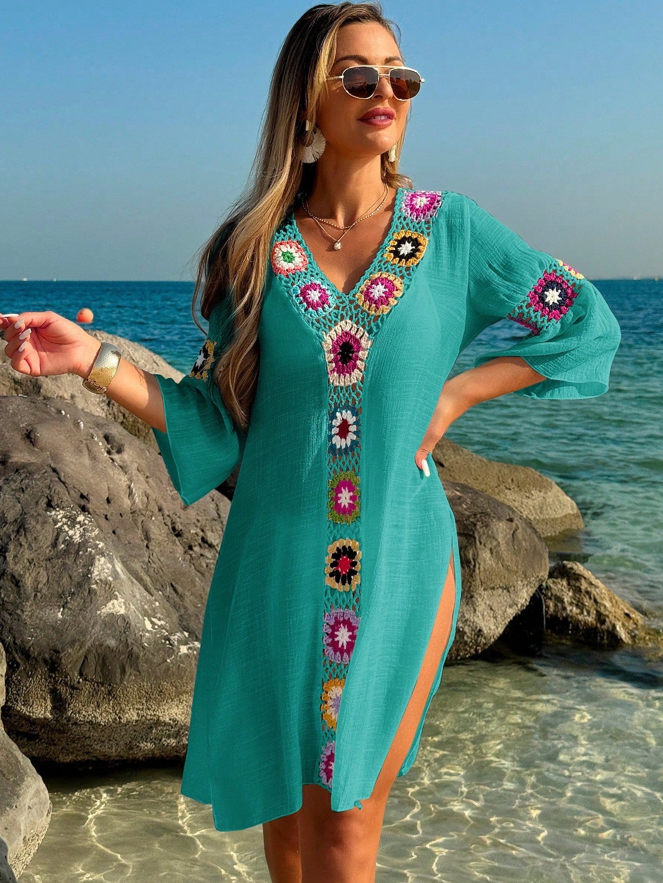 Swim Vcay Roupas de Verão para Mulheres, Vestido Túnica Solto com Decote em V, Manga 3/4, Flor de Crochê em Cor Aleatória, Fenda Lateral, Ideal para Praia e Férias de Verão