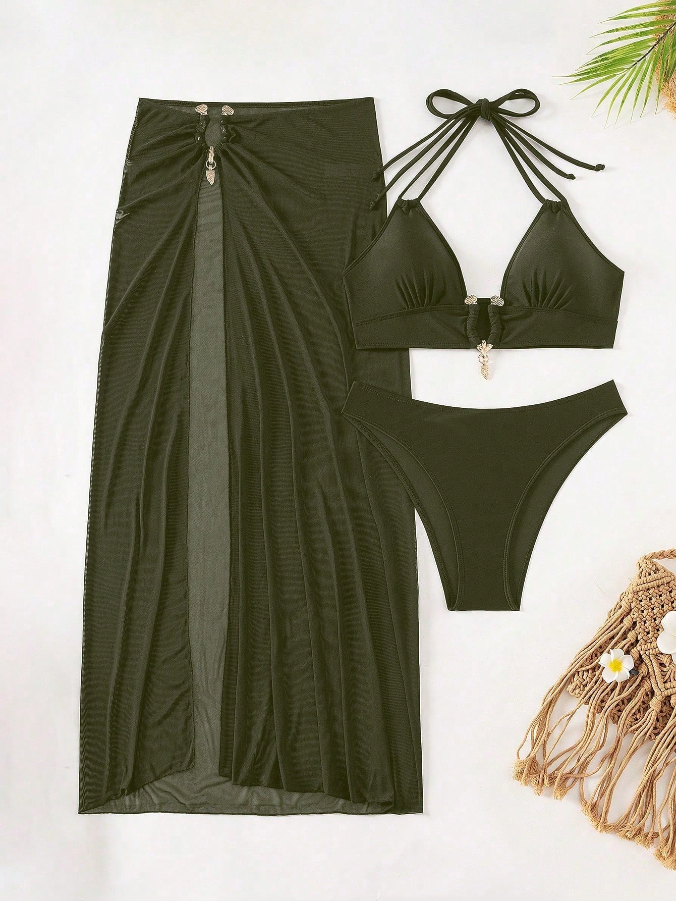 Swim SXY Conjunto de Maiô Bikini e Saída de Praia Feminino Verão Sólido Halter com Amarração, Sexy, com Saia de Cobertura, Traje de Férias