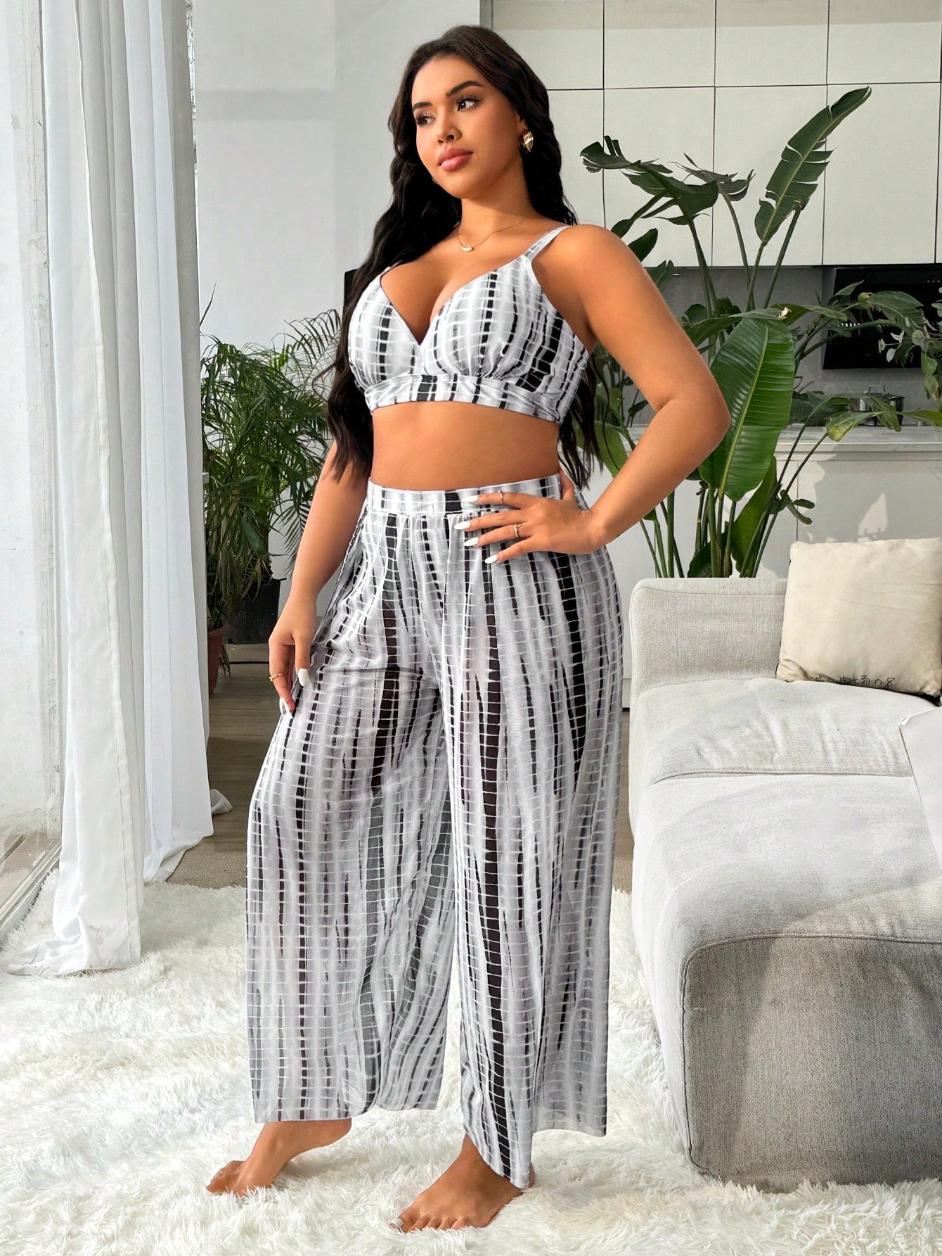 Swim Vcay Conjunto de Maiô Bikini com Três Peças Tie Dye Aleatório Tamanho Plus Size para Praia de Verão