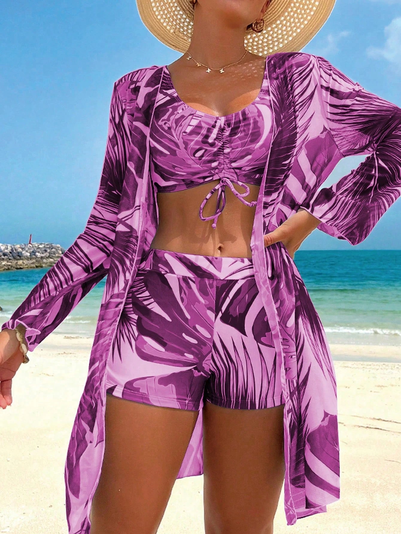 Swim Lushoire Conjunto de Maiô Bikini Sexy com Cordão na Frente e Roupão Floral Tropical de Verão para Mulheres