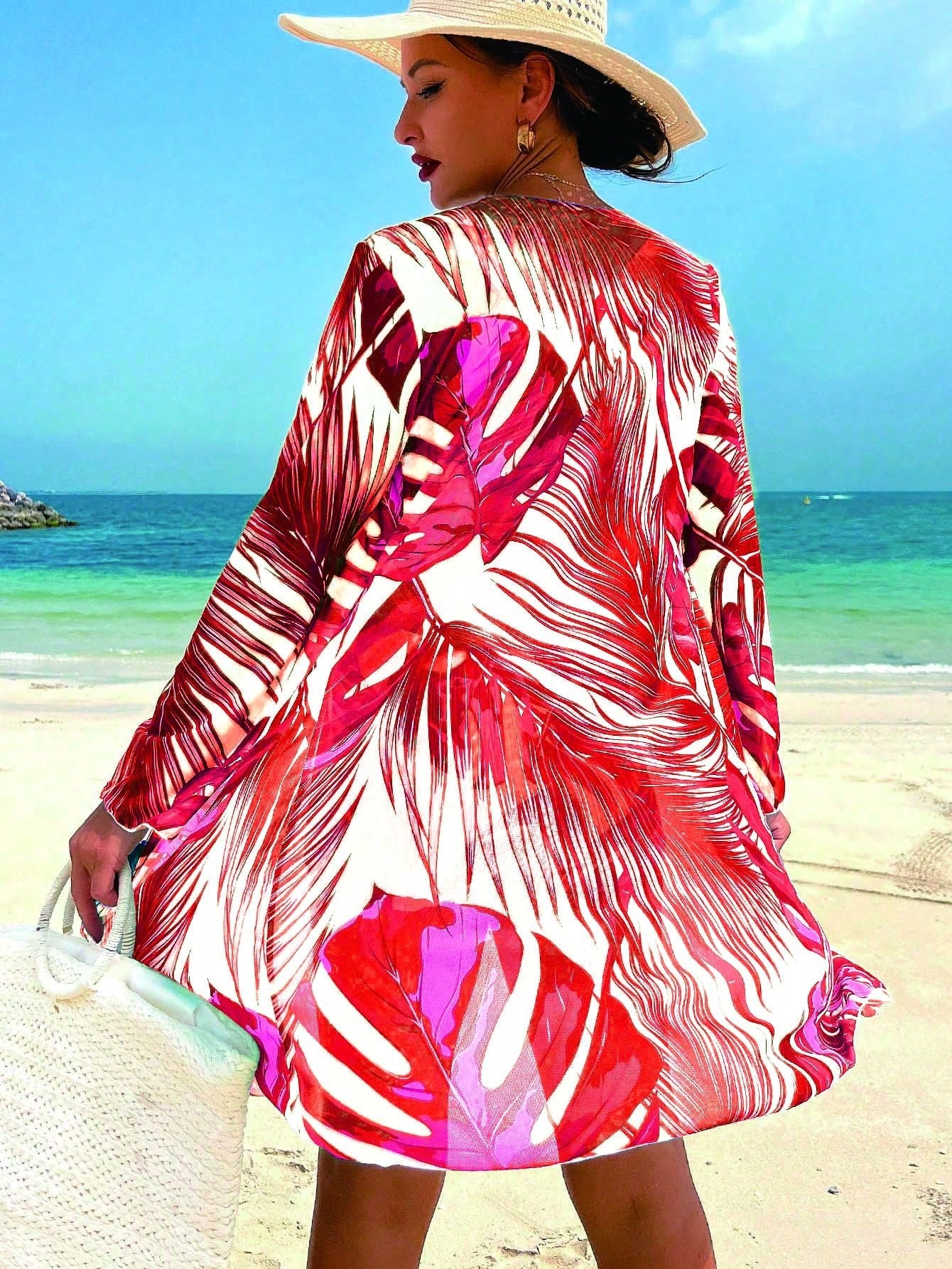 Swim Lushoire Conjunto de Maiô Bikini Sexy com Cordão na Frente e Roupão Floral Tropical de Verão para Mulheres