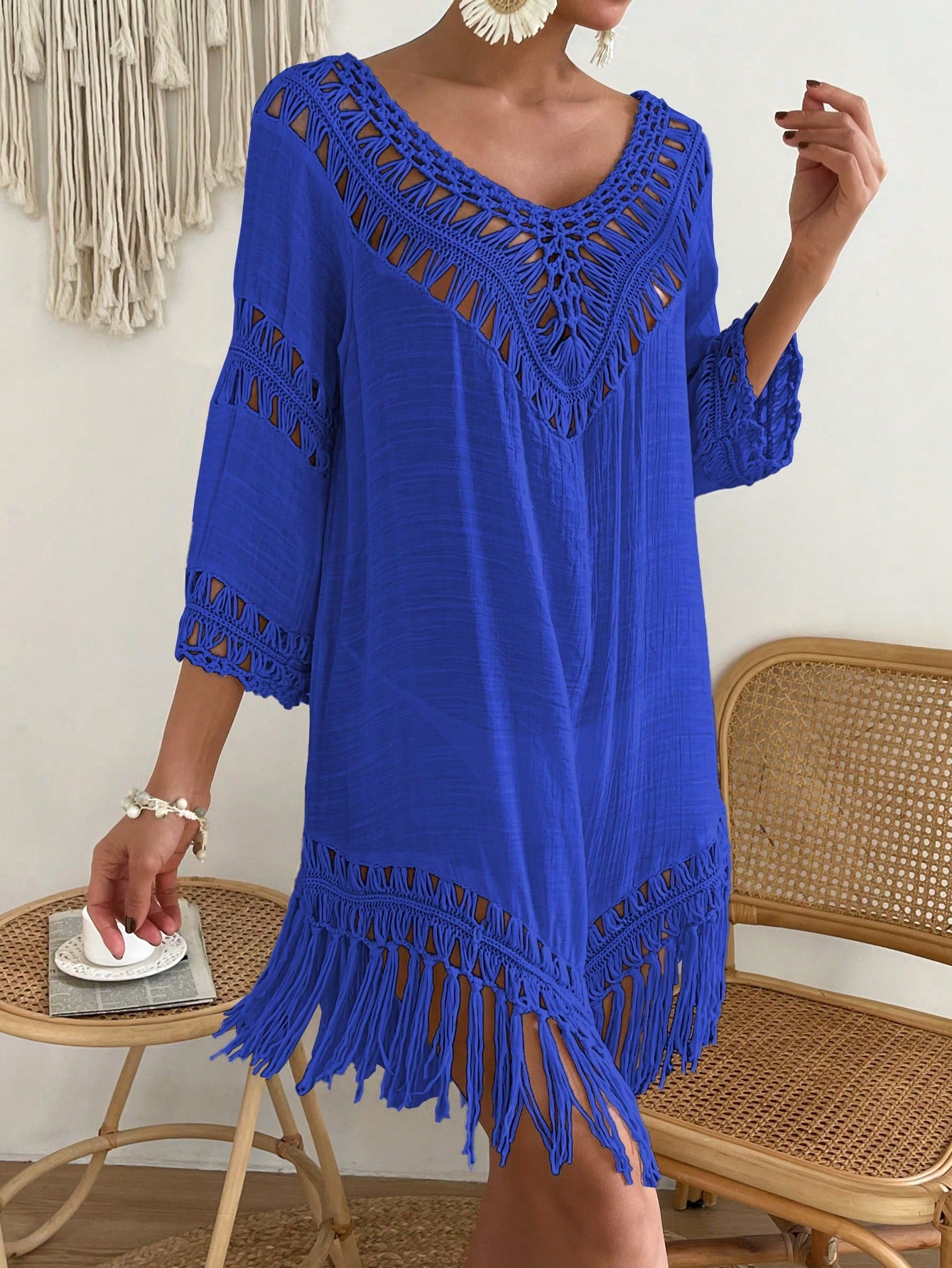 Swim Vcay Capa Tricotada Vazada Feminina, Moda Simples Casual para Férias