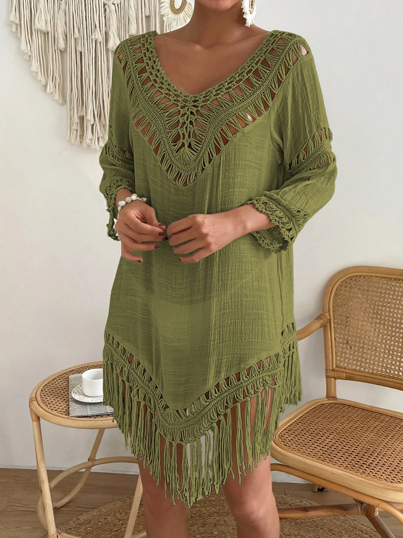 Swim Vcay Capa Tricotada Vazada Feminina, Moda Simples Casual para Férias