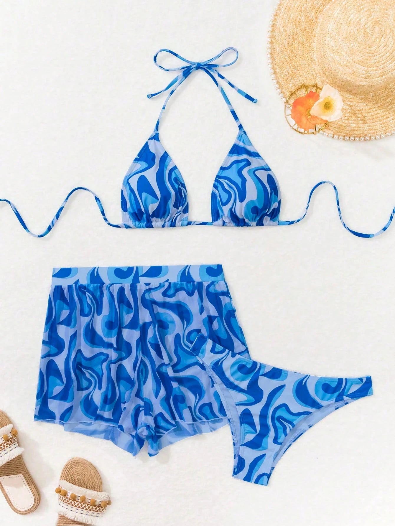 Swim Vcay 3 peças/Conjunto Maiô Bikini Impresso Aleatório para Praia/Férias