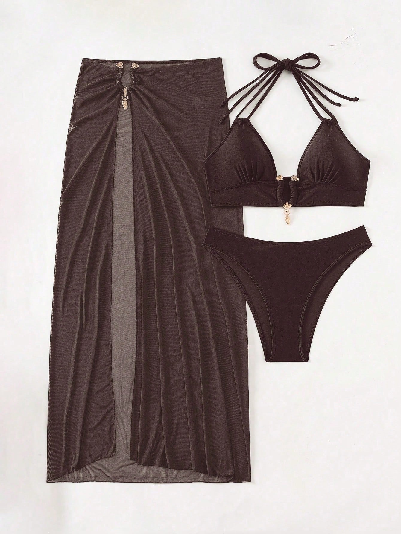 Swim SXY Conjunto de Maiô Bikini e Saída de Praia Feminino Verão Sólido Halter com Amarração, Sexy, com Saia de Cobertura, Traje de Férias