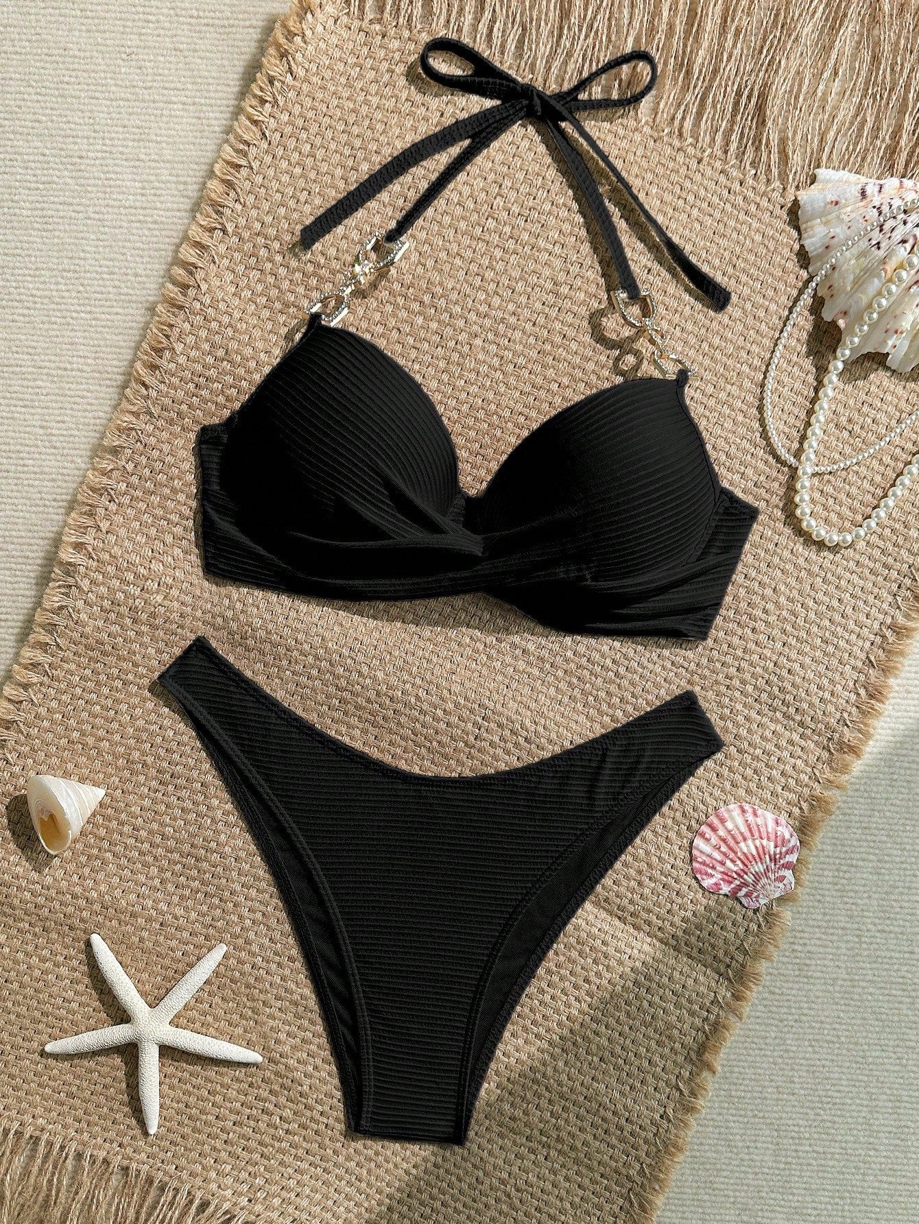 Swim Lushoire 2 Peças Conjunto de Maiô Bikini com Top em Tecido Canelado com Alça de Apoio e Sunga Regular de Estilo de Férias