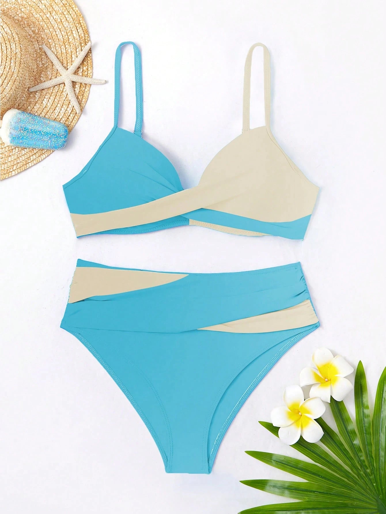 SHEIN Swim Conjunto de Bikini feminino com detalhe transversal em blocos de cores para o verão na praia