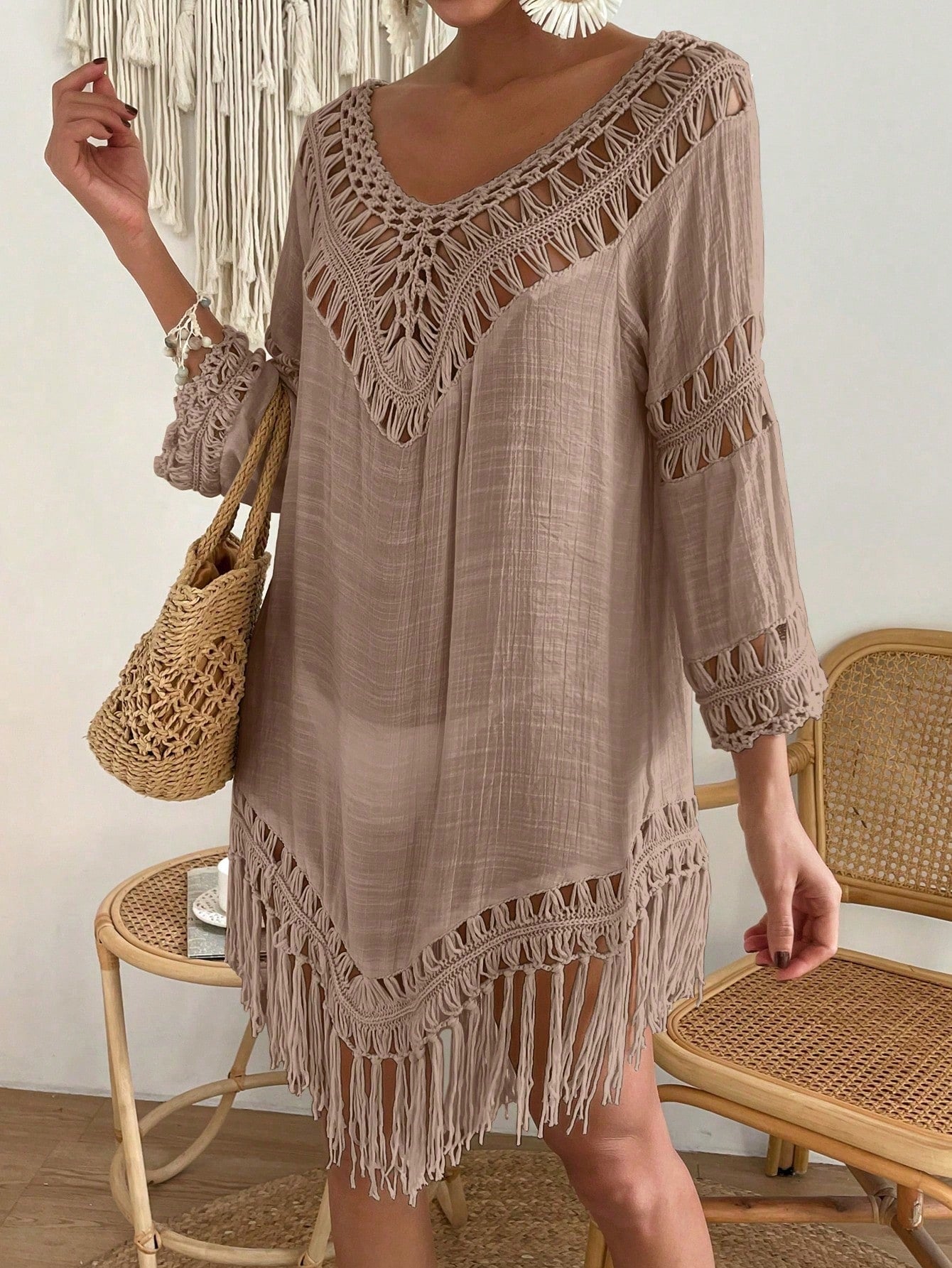 Swim Vcay Capa Tricotada Vazada Feminina, Moda Simples Casual para Férias