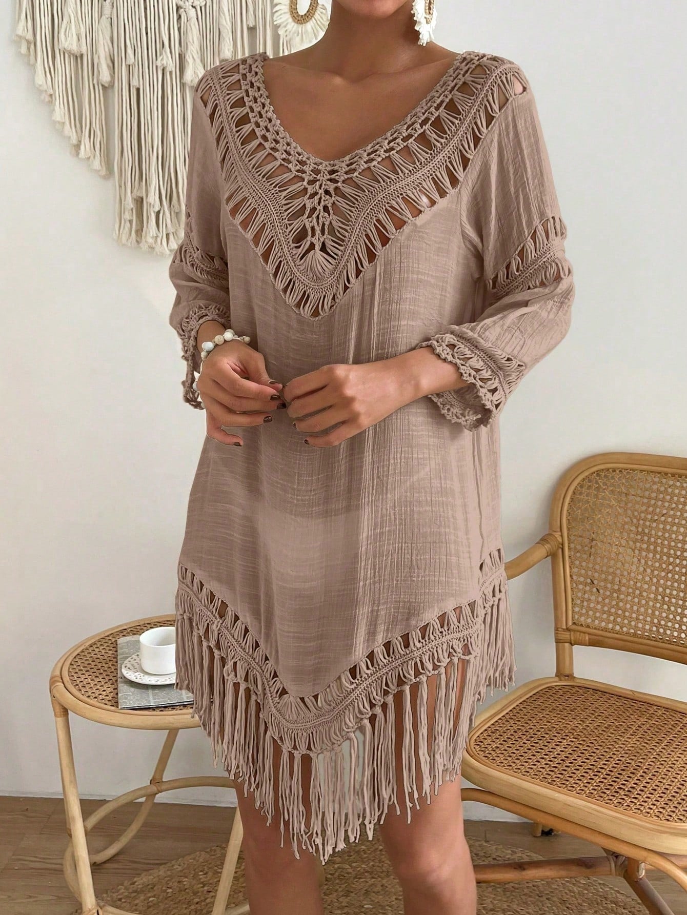 Swim Vcay Capa Tricotada Vazada Feminina, Moda Simples Casual para Férias